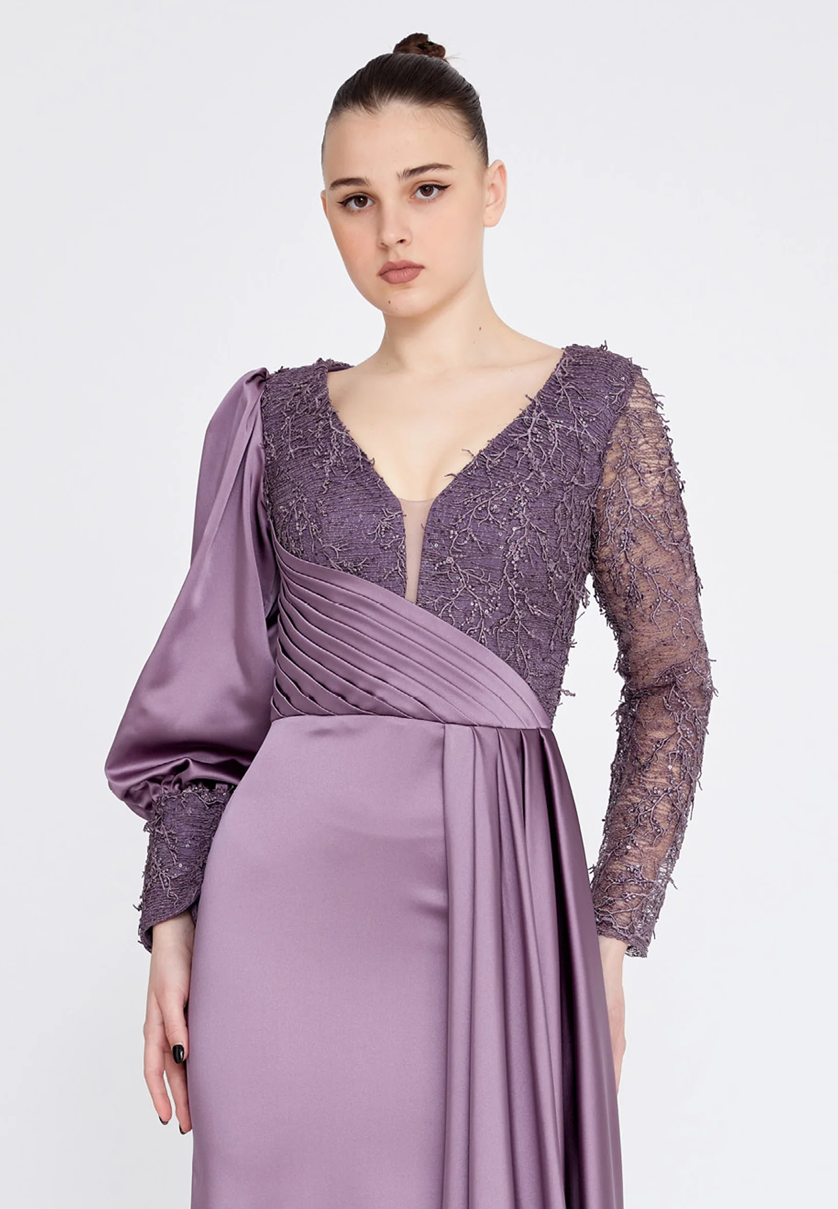 Long Sleeve Maxi Satin Column Regular Wedding Guest Dress rmn3201 - Image 24