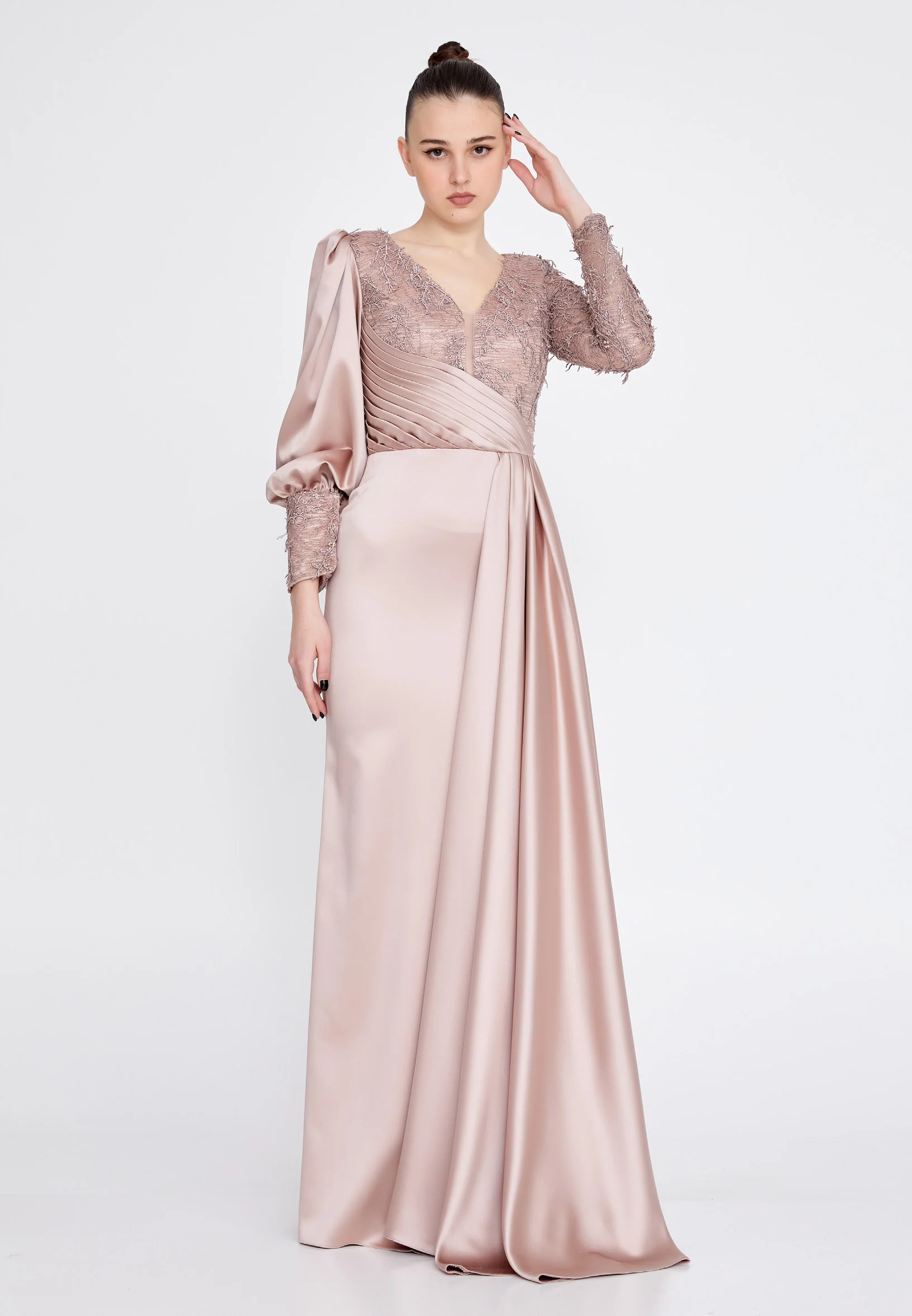 Long Sleeve Maxi Satin Column Regular Wedding Guest Dress rmn3201 - Image 25