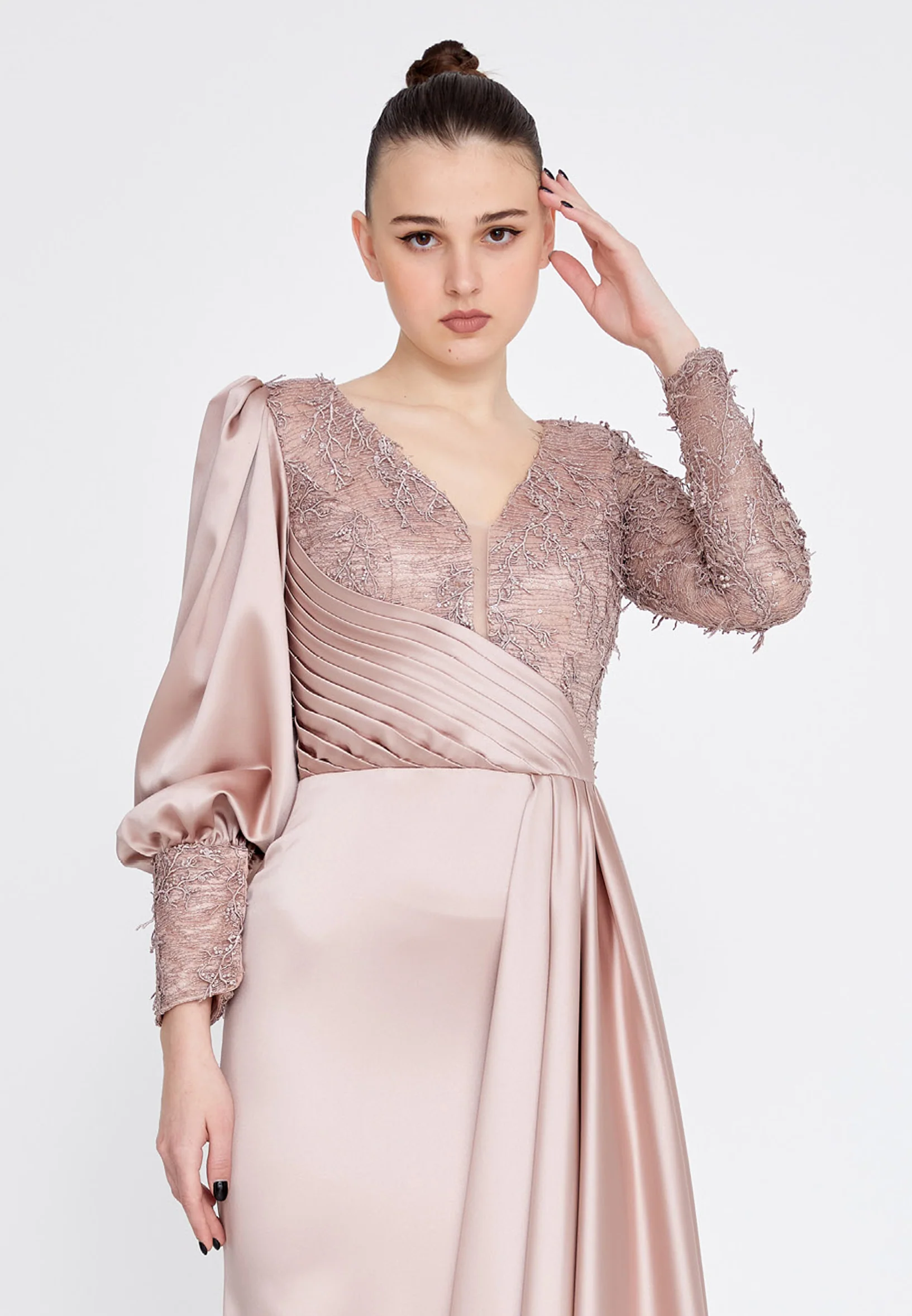 Long Sleeve Maxi Satin Column Regular Wedding Guest Dress rmn3201 - Image 28