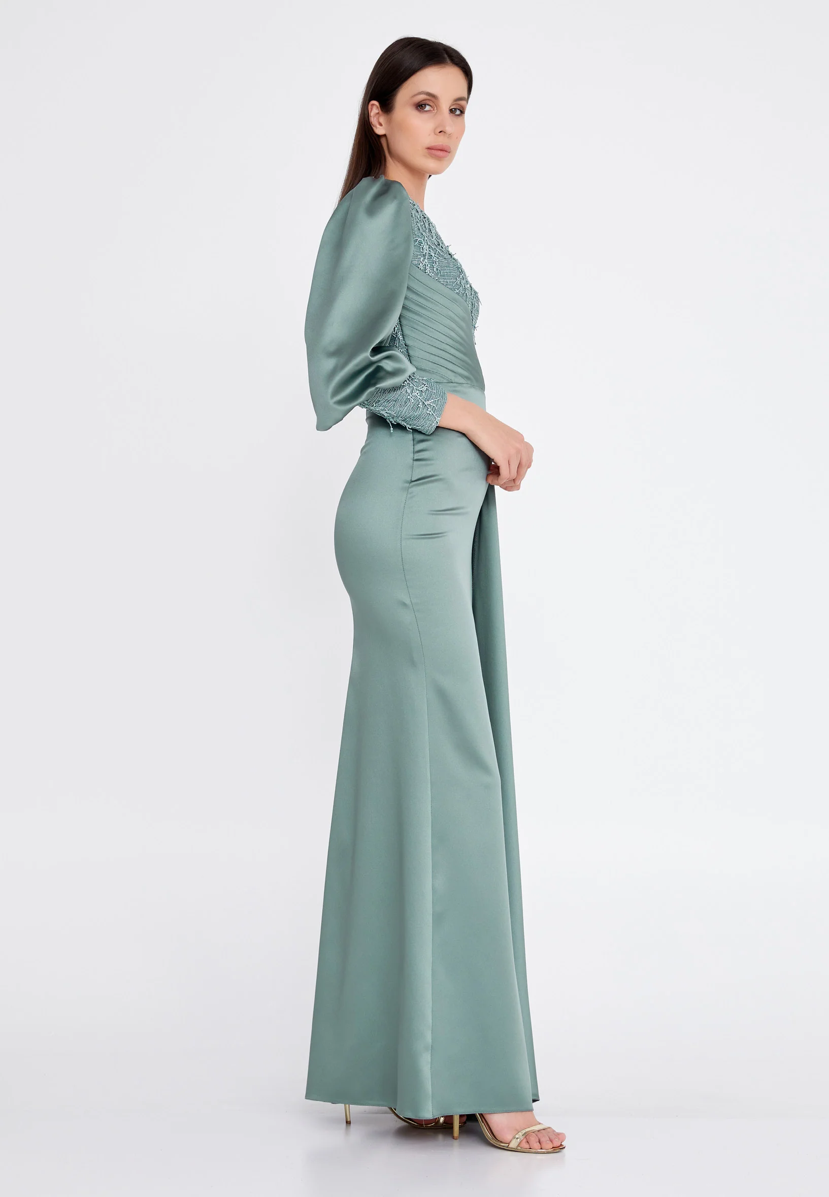 Long Sleeve Maxi Satin Column Regular Wedding Guest Dress rmn3201 - Image 3