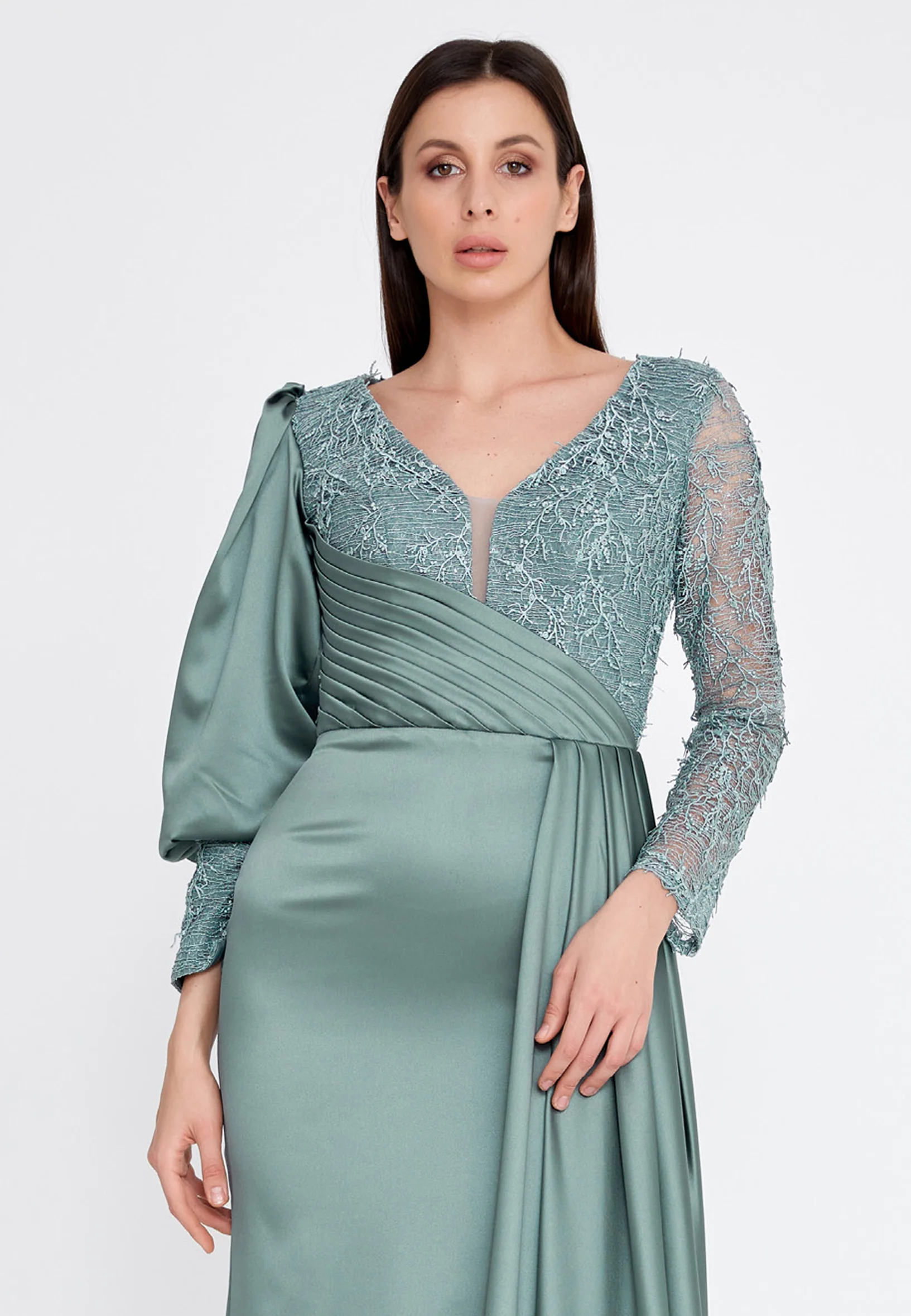 Long Sleeve Maxi Satin Column Regular Wedding Guest Dress rmn3201 - Image 4