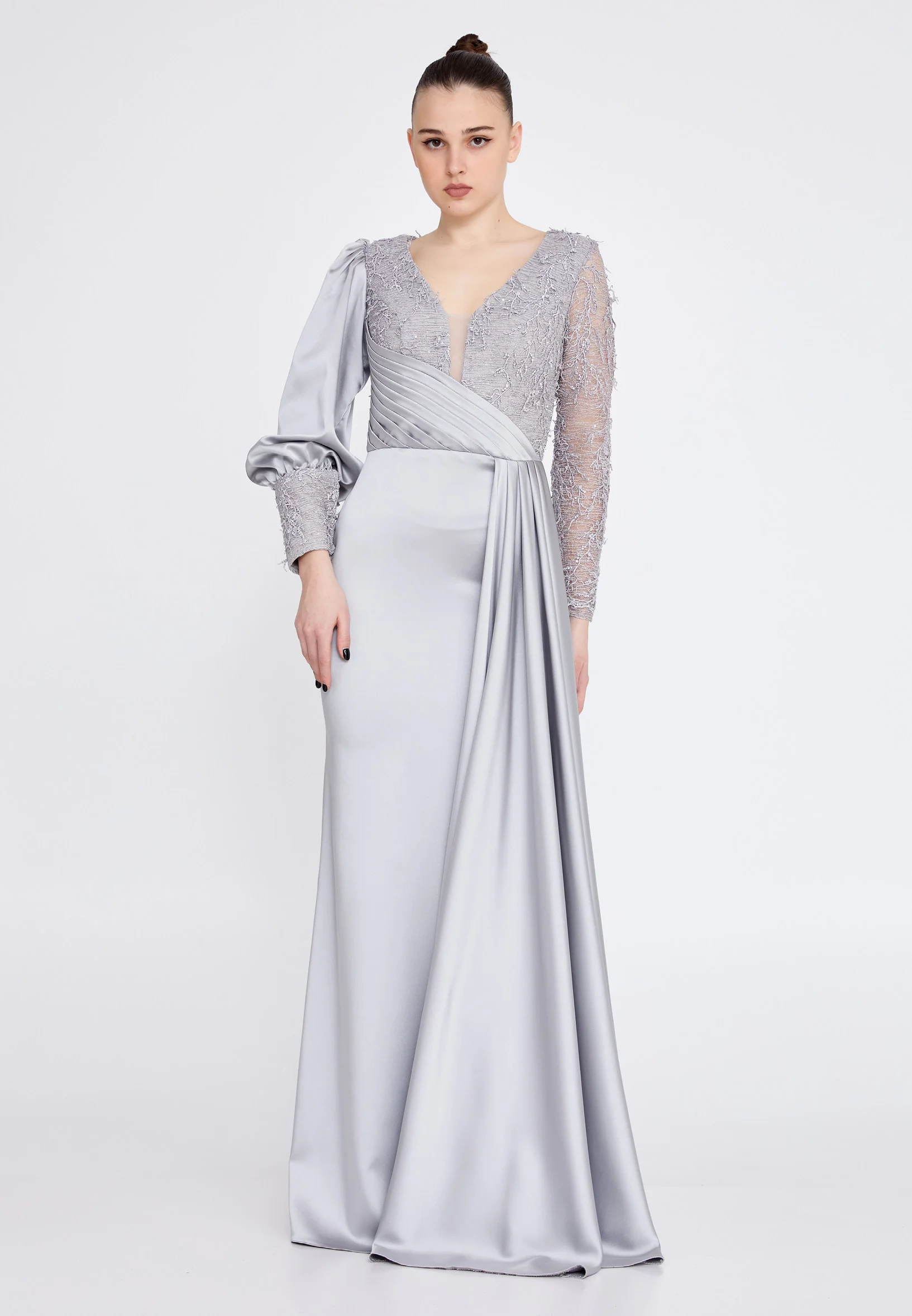 Long Sleeve Maxi Satin Column Regular Wedding Guest Dress rmn3201 - Image 5