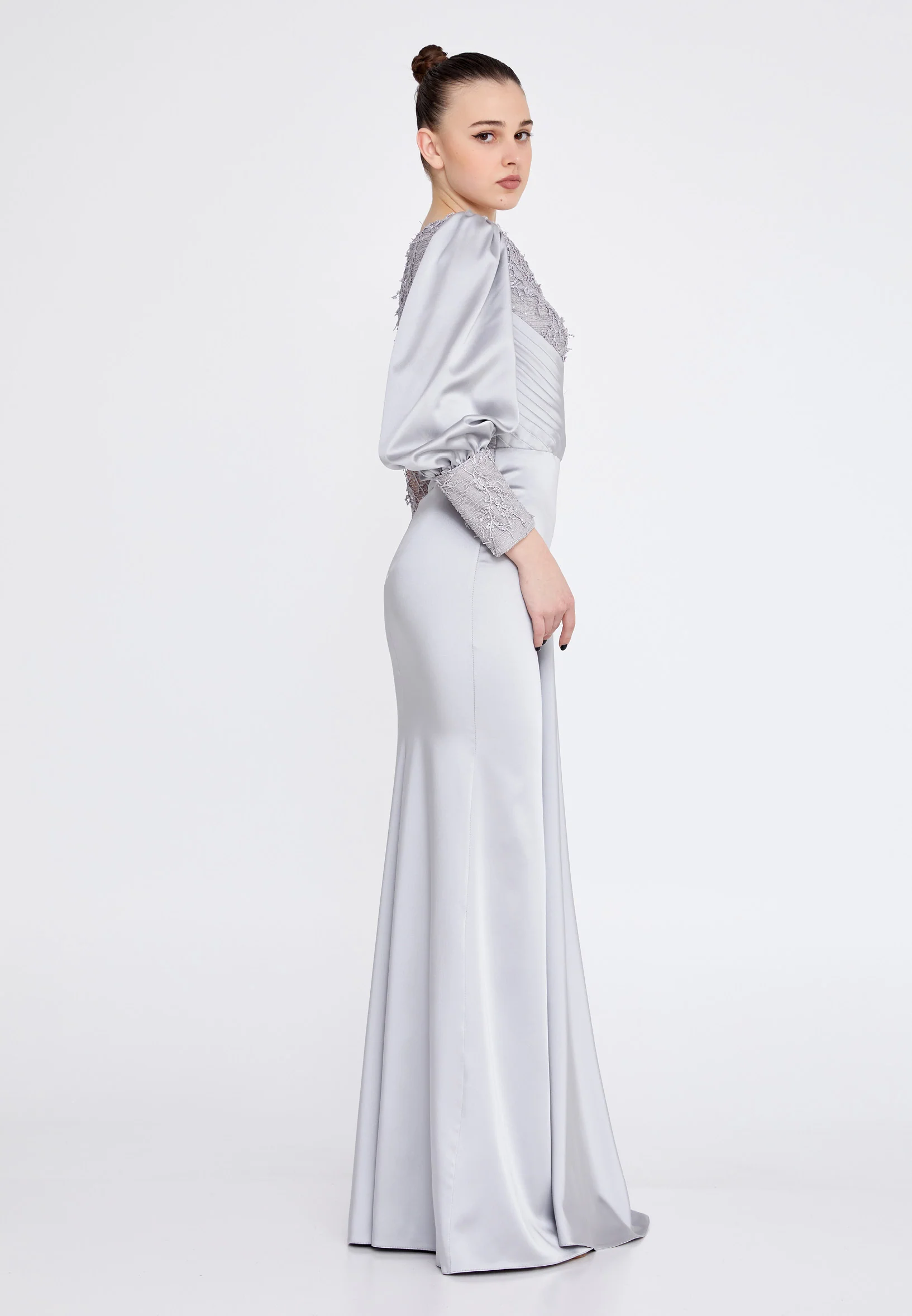 Long Sleeve Maxi Satin Column Regular Wedding Guest Dress rmn3201 - Image 7