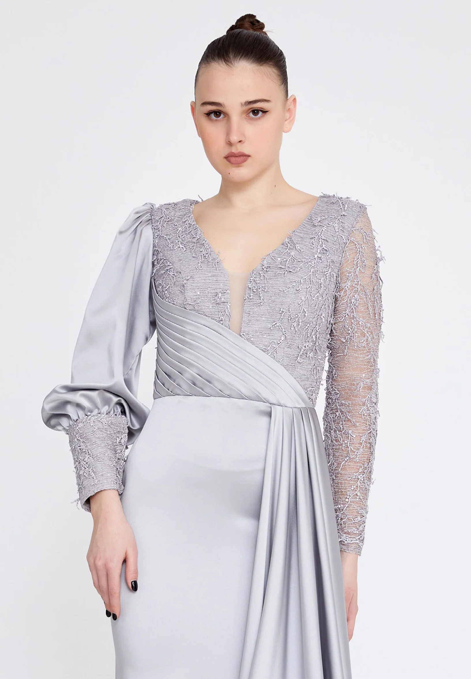 Long Sleeve Maxi Satin Column Regular Wedding Guest Dress rmn3201 - Image 8