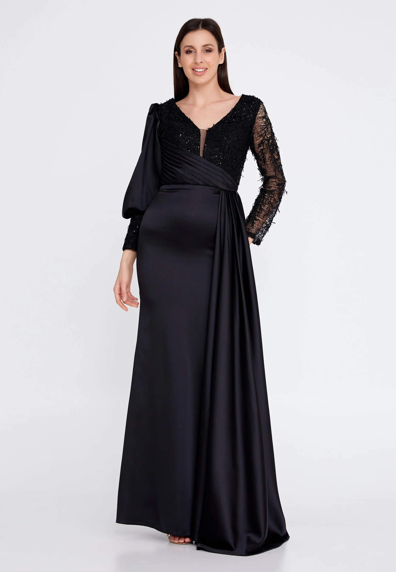 Long Sleeve Maxi Satin Column Regular Wedding Guest Dress rmn3201 - Image 9
