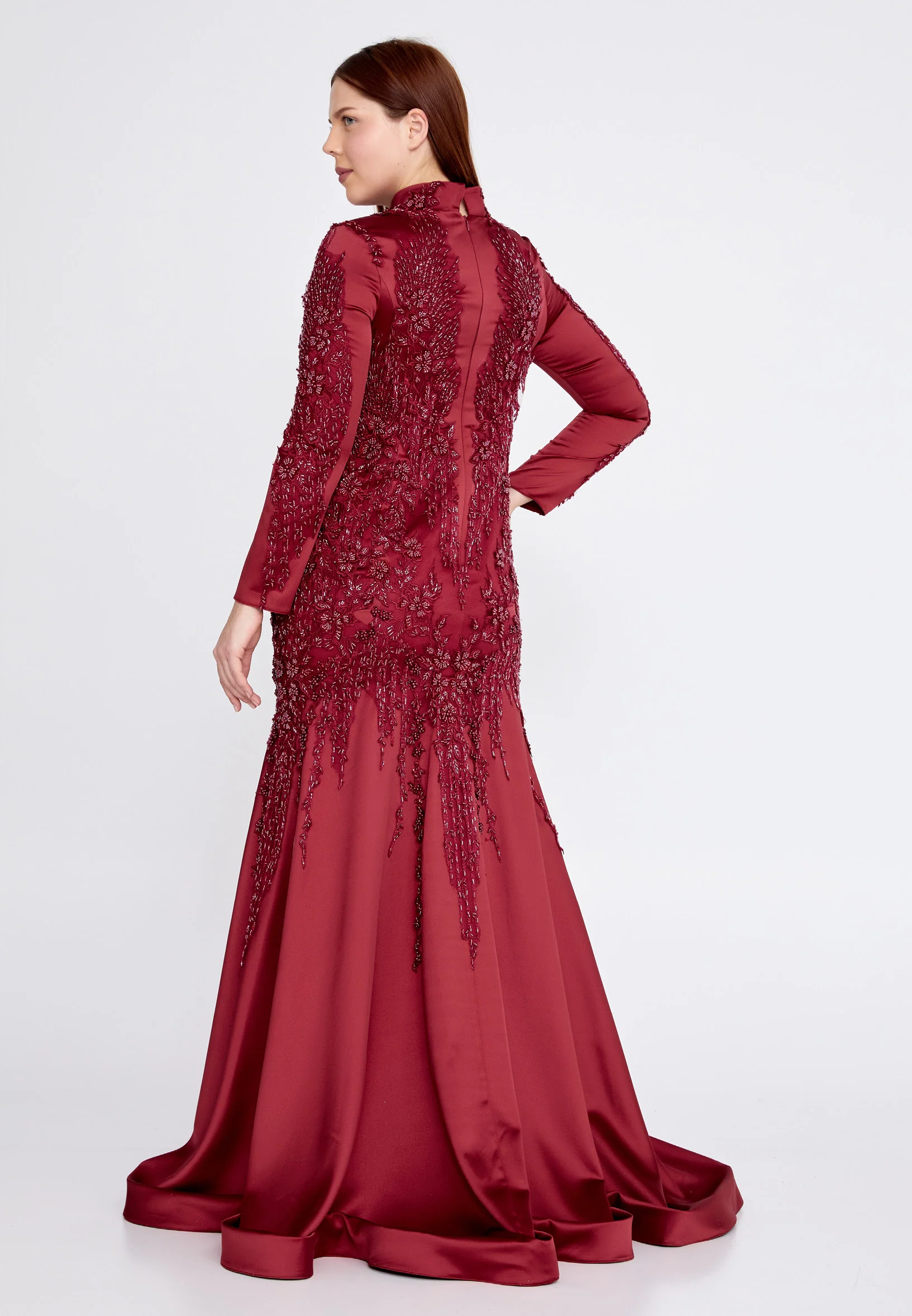 Long Sleeve Maxi Satin Fit & Flare Plus Size Wedding Guest Dress gzk7014-1 - Image 2