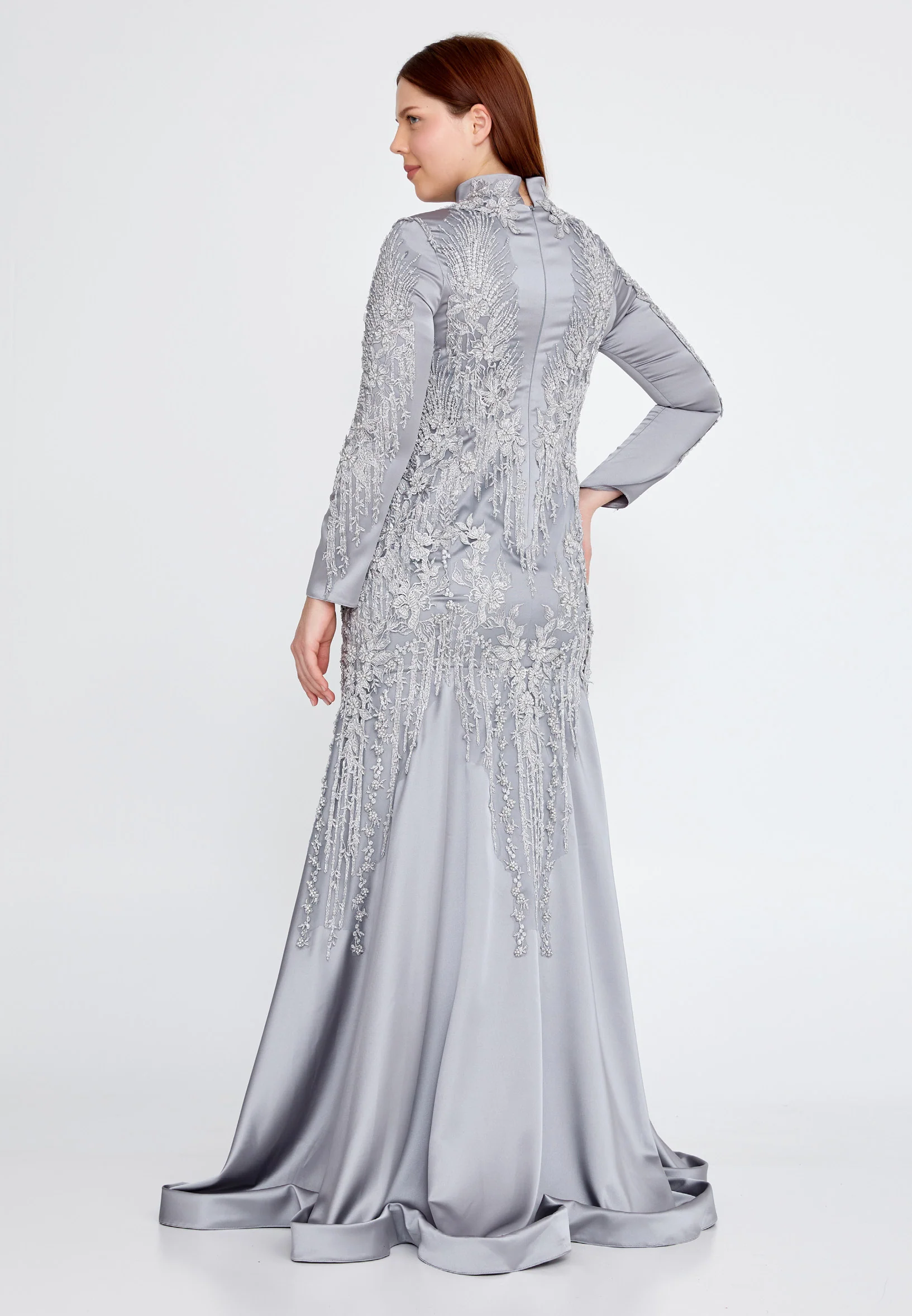 Long Sleeve Maxi Satin Fit & Flare Plus Size Wedding Guest Dress gzk7014-1 - Image 6