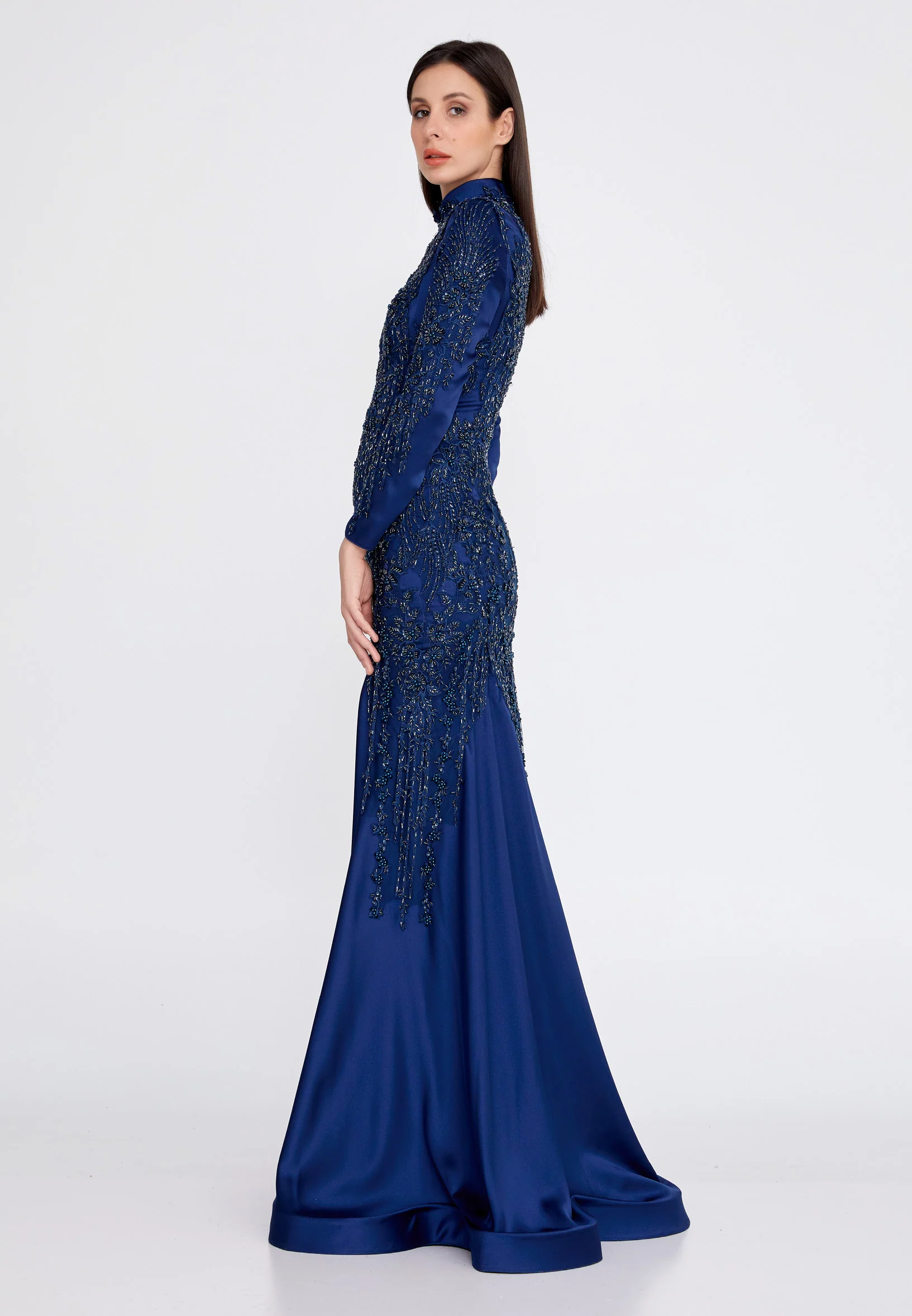 Long Sleeve Maxi Satin Fit & Flare Regular Prom Dress gzk7014 - Image 11