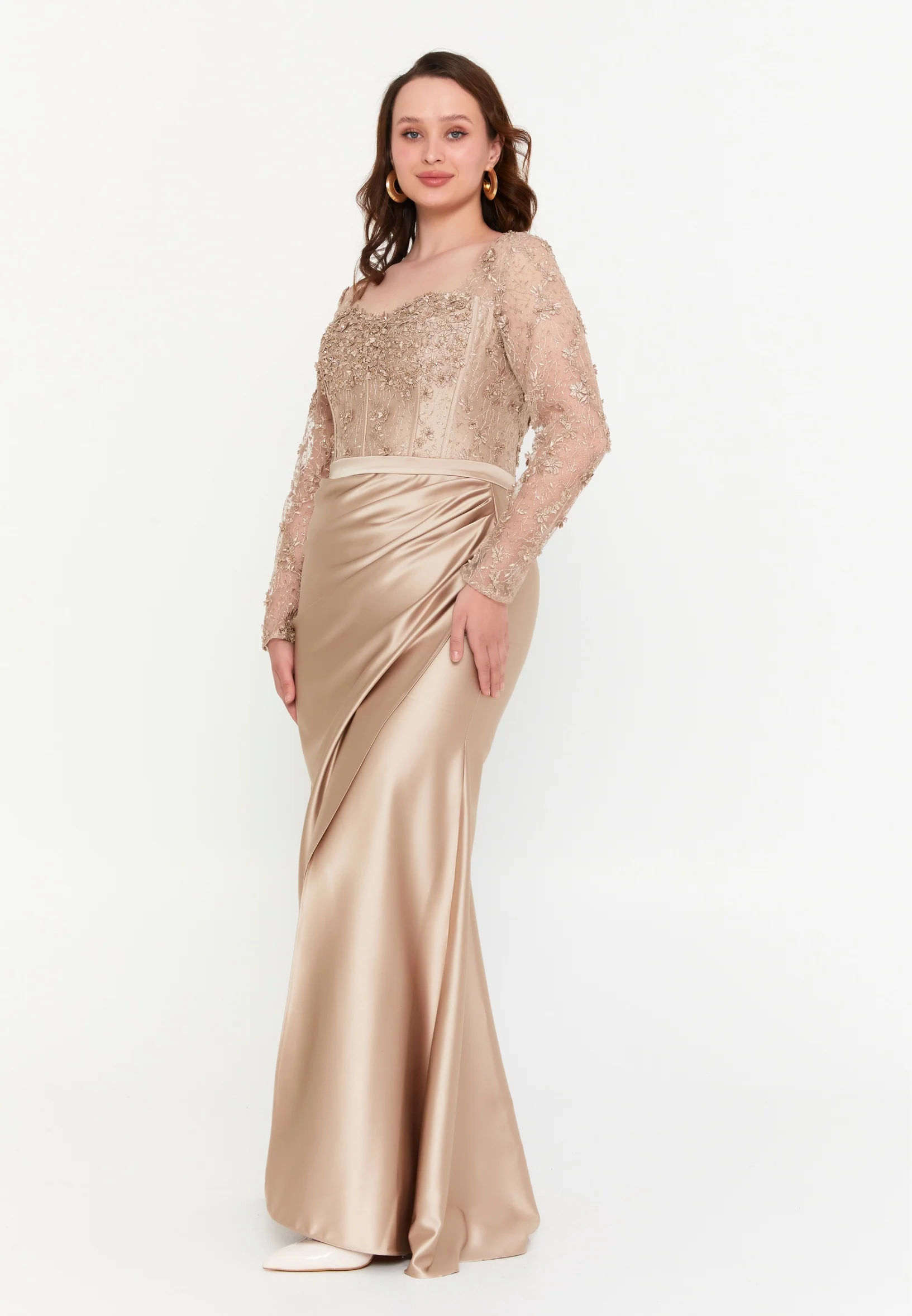 Long Sleeve Maxi Satin Mermaid Plus Size Wedding Guest Dress aln01809 - Image 3