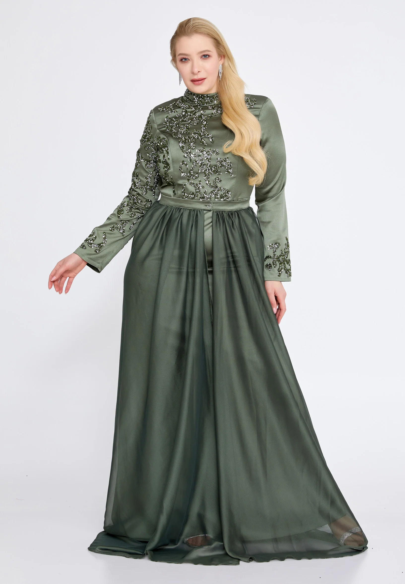 Long Sleeve Maxi Satin Mermaid Plus Size Wedding Guest Dress eck9008-1 - Image 6