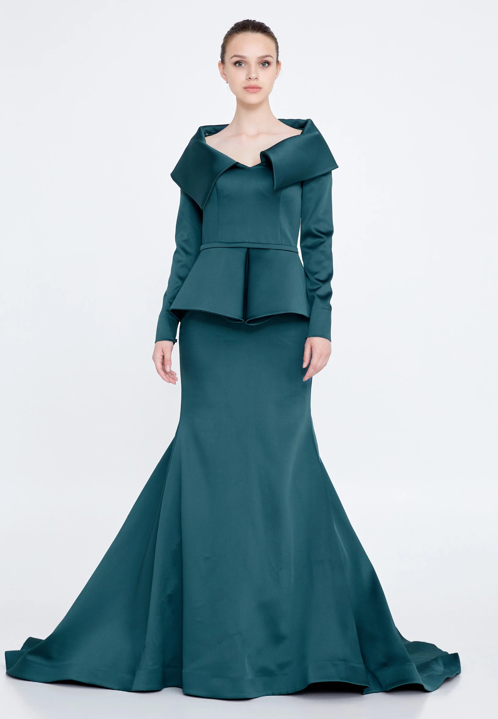 Long Sleeve Maxi Satin Mermaid Regular Evening Dress knz3115 - Image 13