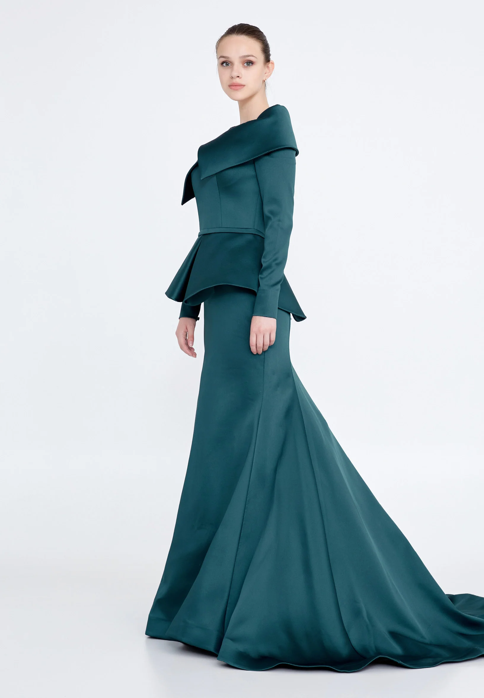 Long Sleeve Maxi Satin Mermaid Regular Evening Dress knz3115 - Image 15