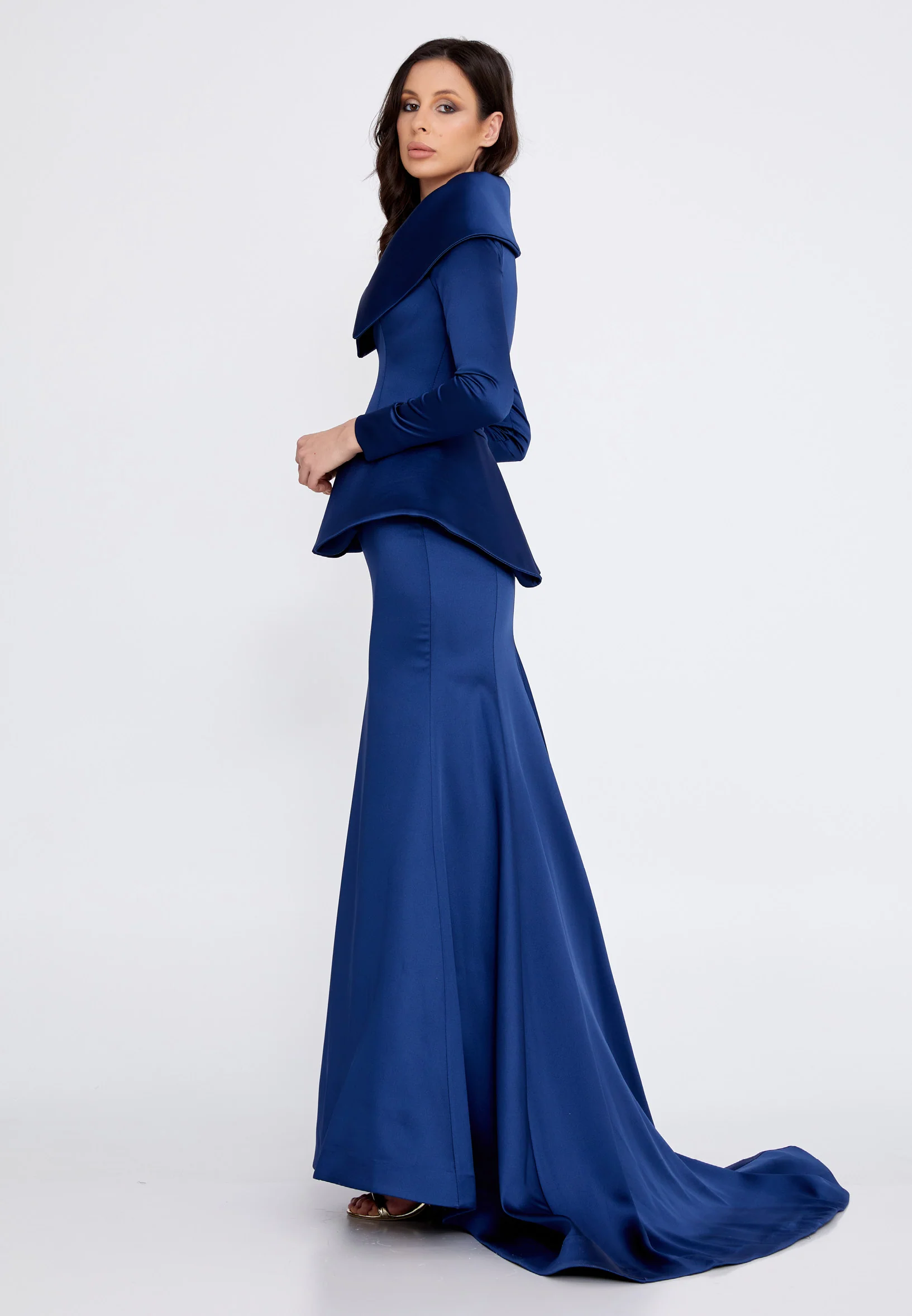 Long Sleeve Maxi Satin Mermaid Regular Evening Dress knz3115 - Image 19