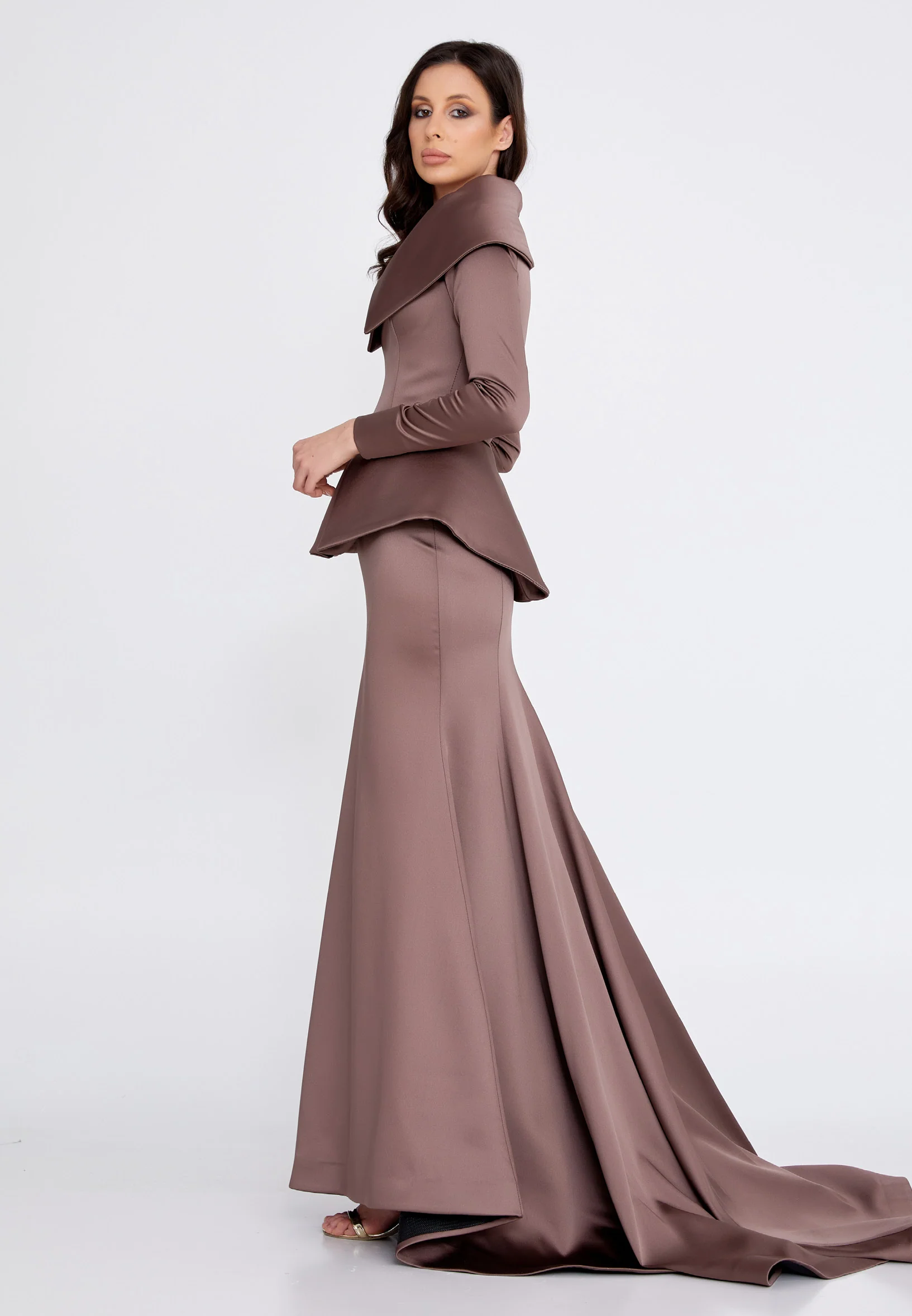 Long Sleeve Maxi Satin Mermaid Regular Evening Dress knz3115 - Image 3