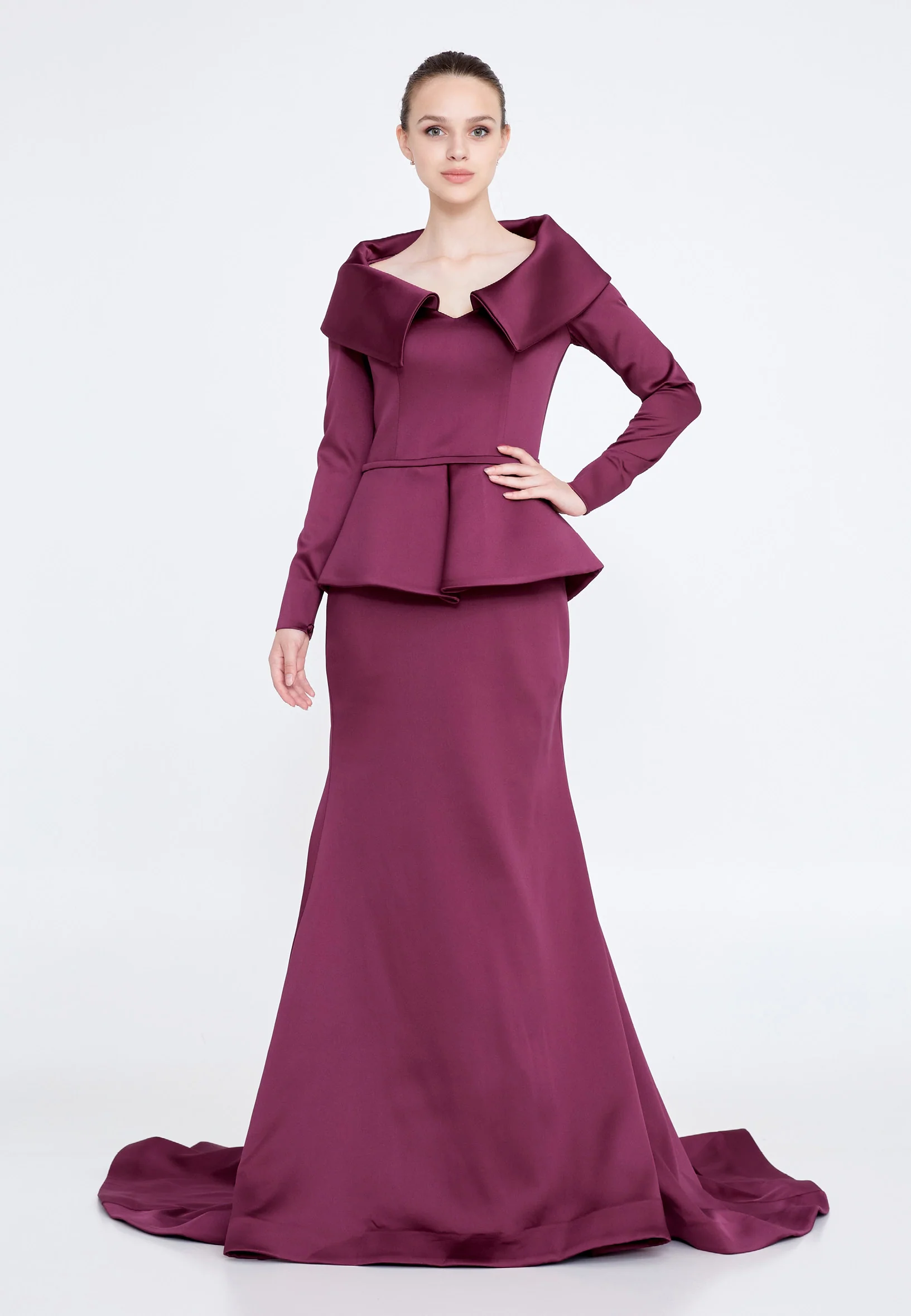 Long Sleeve Maxi Satin Mermaid Regular Evening Dress knz3115 - Image 9