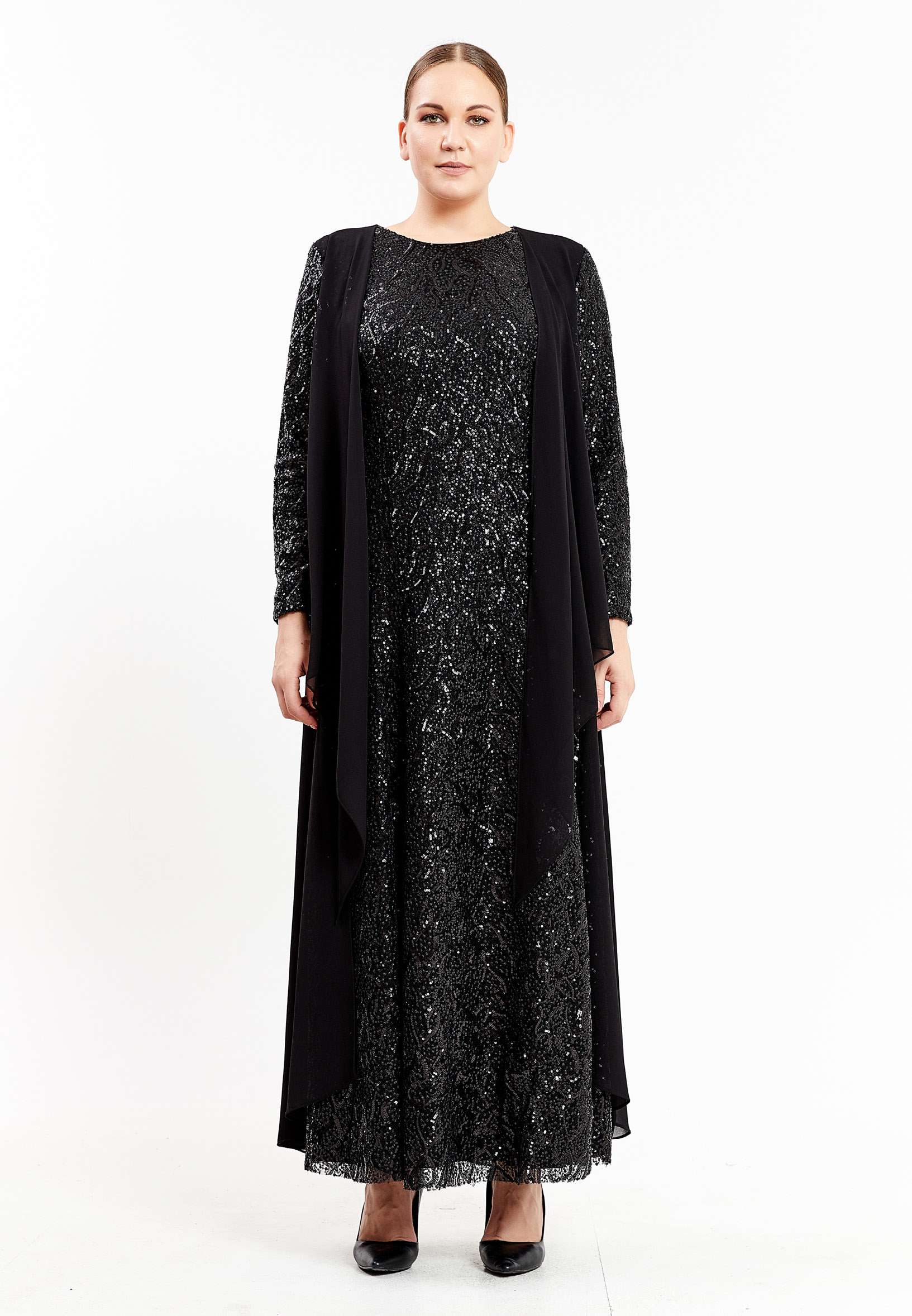 Long Sleeve Maxi Sequin Column Plus Size Evening Dress efl9058-bb