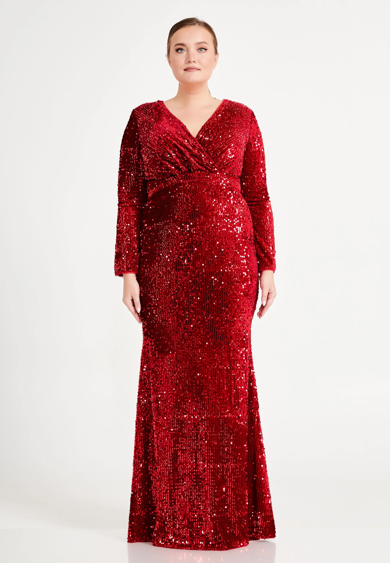 Long Sleeve Maxi Sequin Column Plus Size Evening Dress frc4939-b