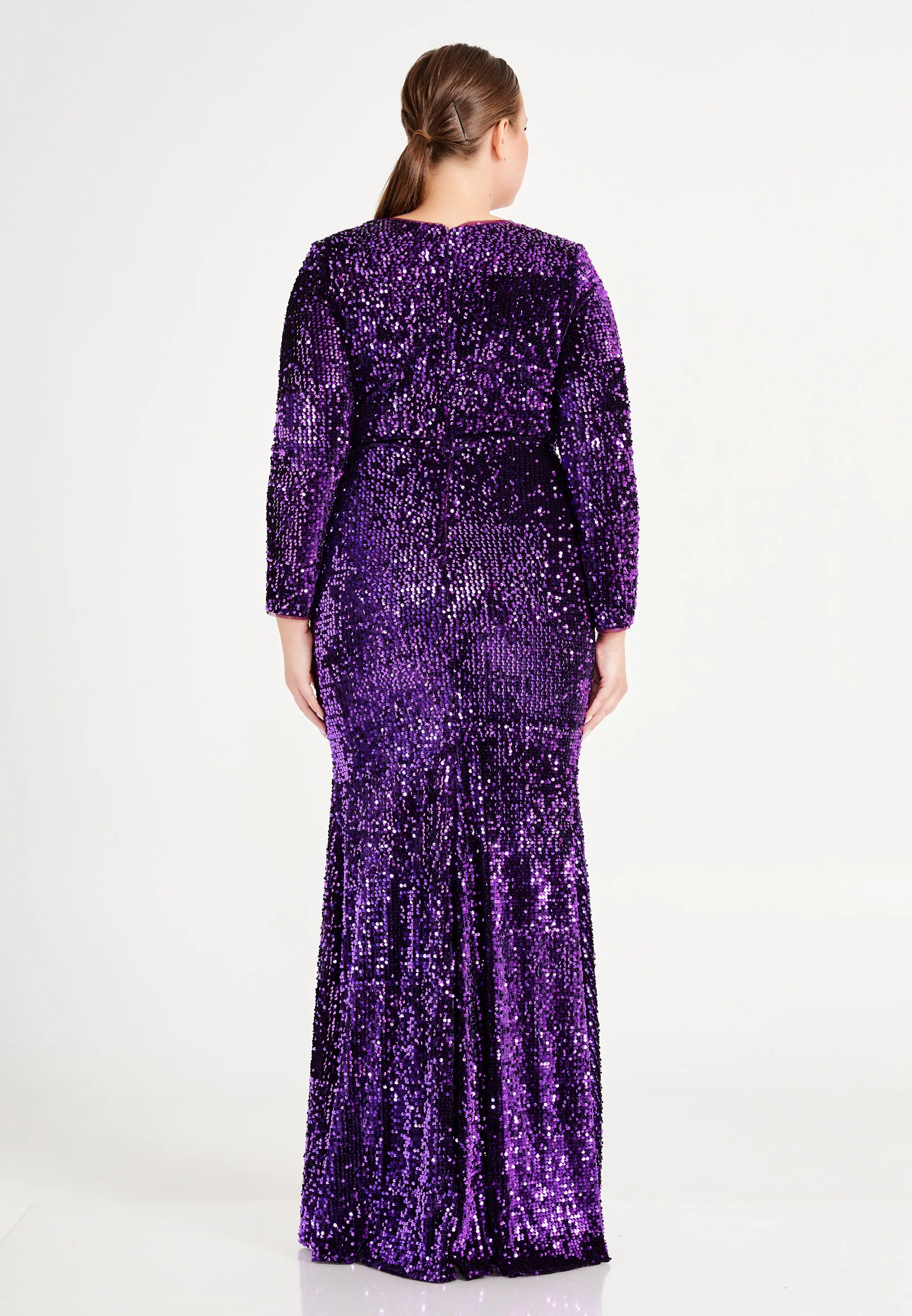 Long Sleeve Maxi Sequin Column Plus Size Evening Dress frc4939-b - Image 10