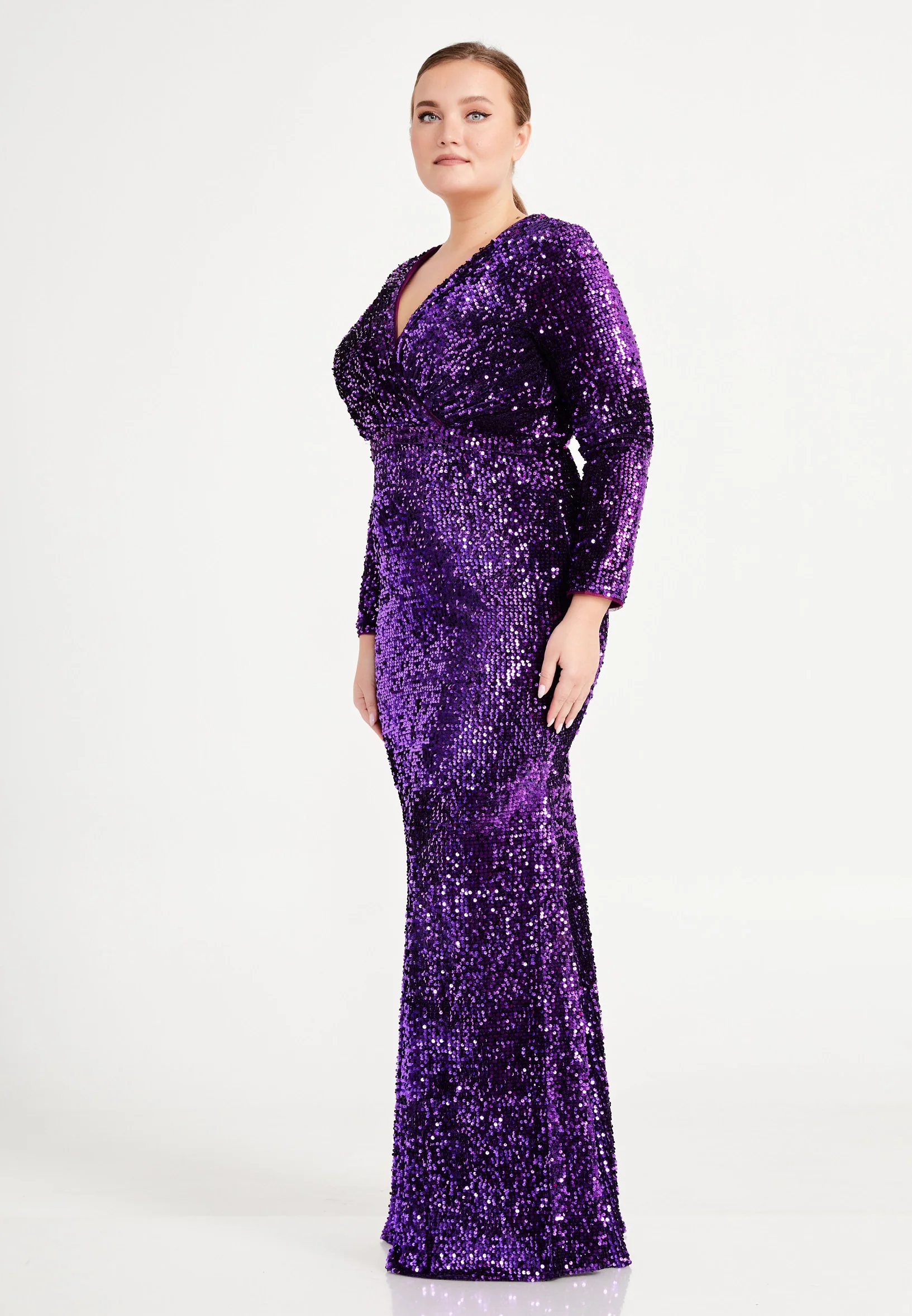 Long Sleeve Maxi Sequin Column Plus Size Evening Dress frc4939-b - Image 11
