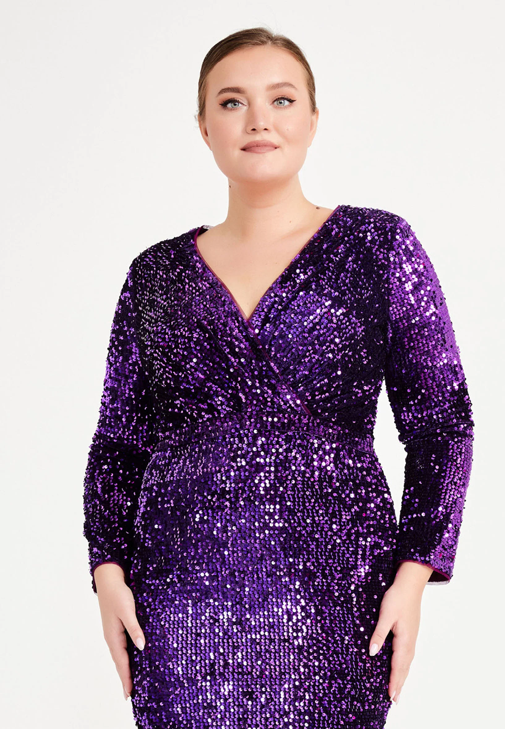 Long Sleeve Maxi Sequin Column Plus Size Evening Dress frc4939-b - Image 12