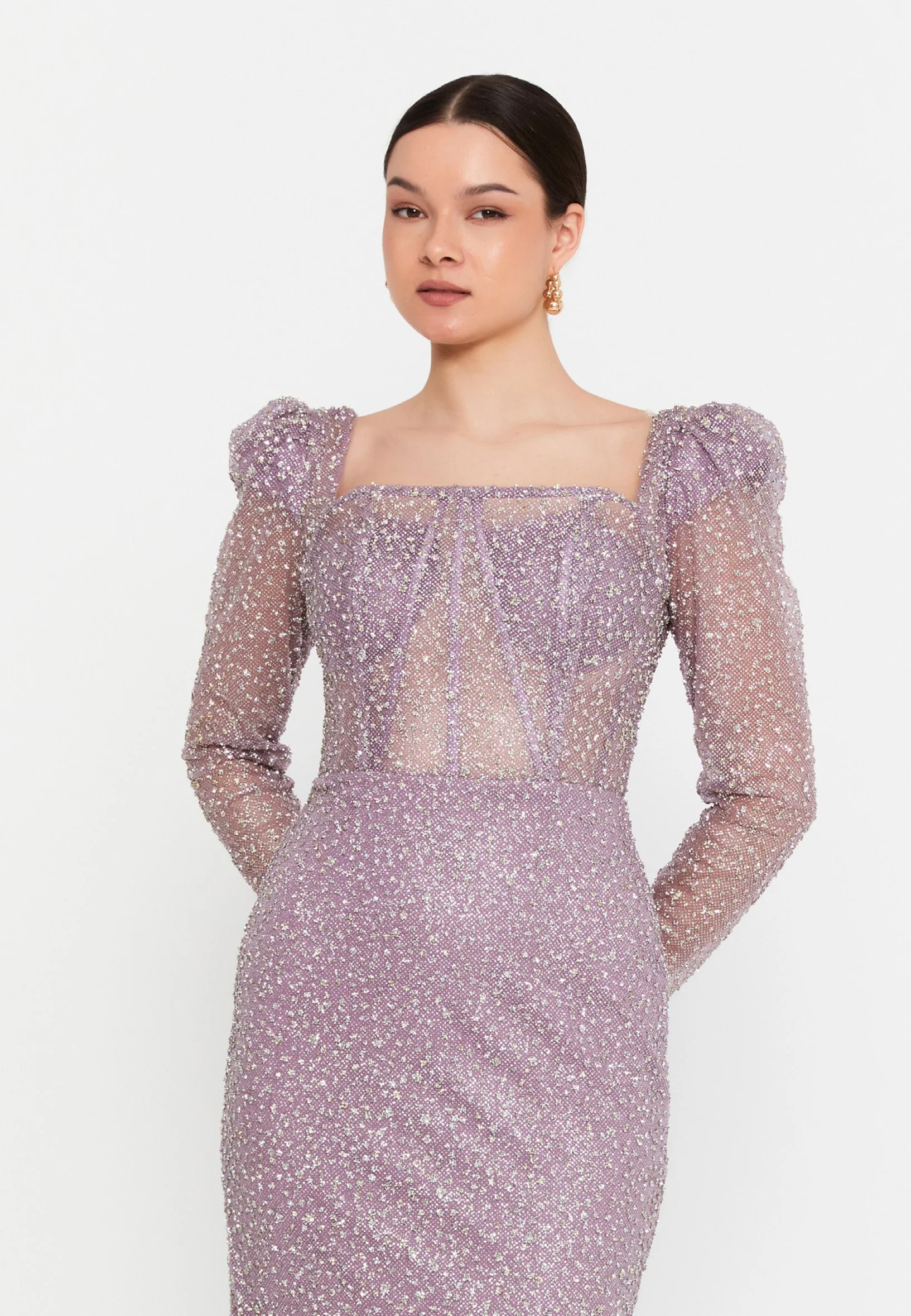 Long Sleeve Maxi Sequin Column Regular Wedding Guest Dress aln1693 - Image 16