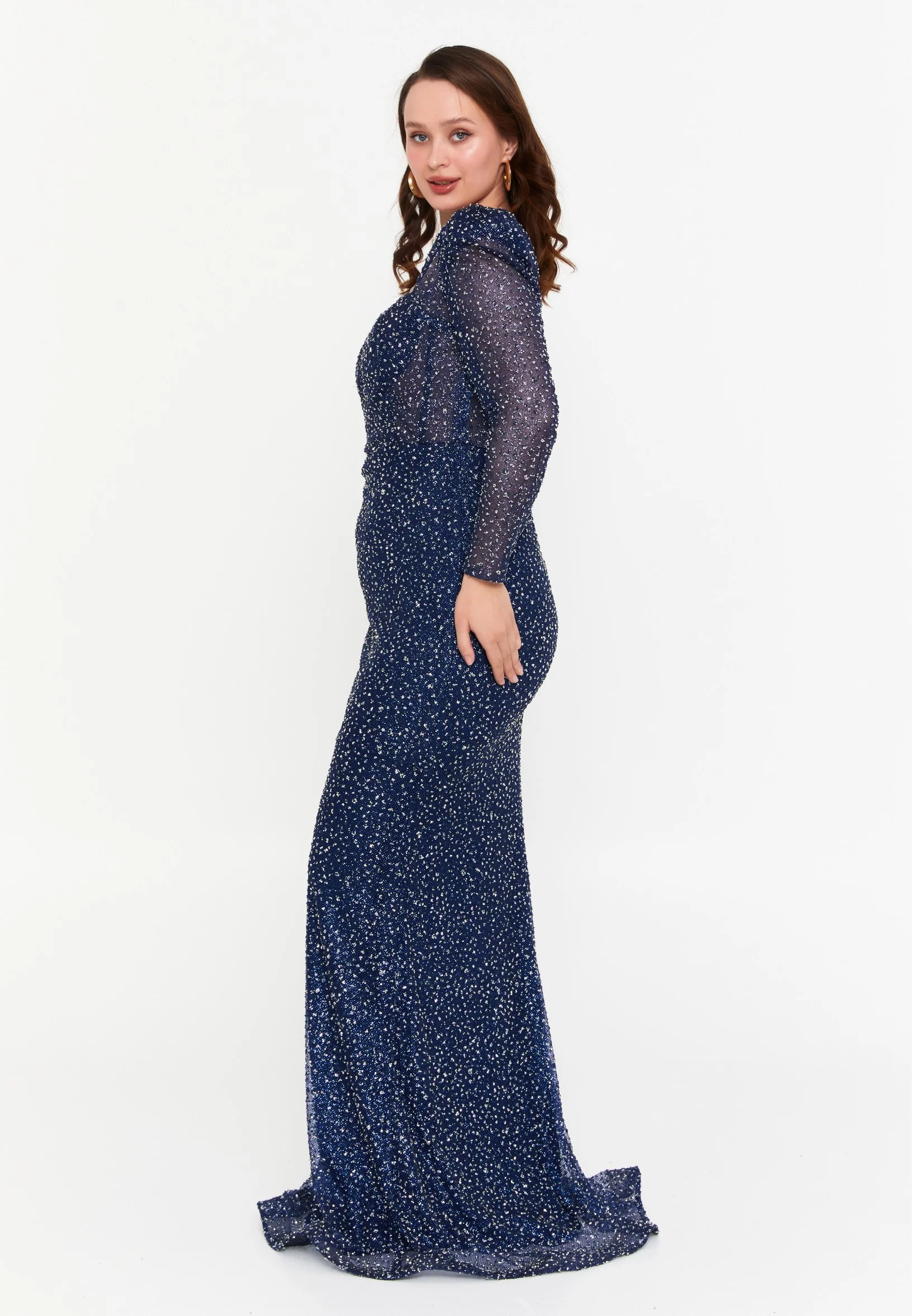 Long Sleeve Maxi Sequin Column Regular Wedding Guest Dress aln1693 - Image 19