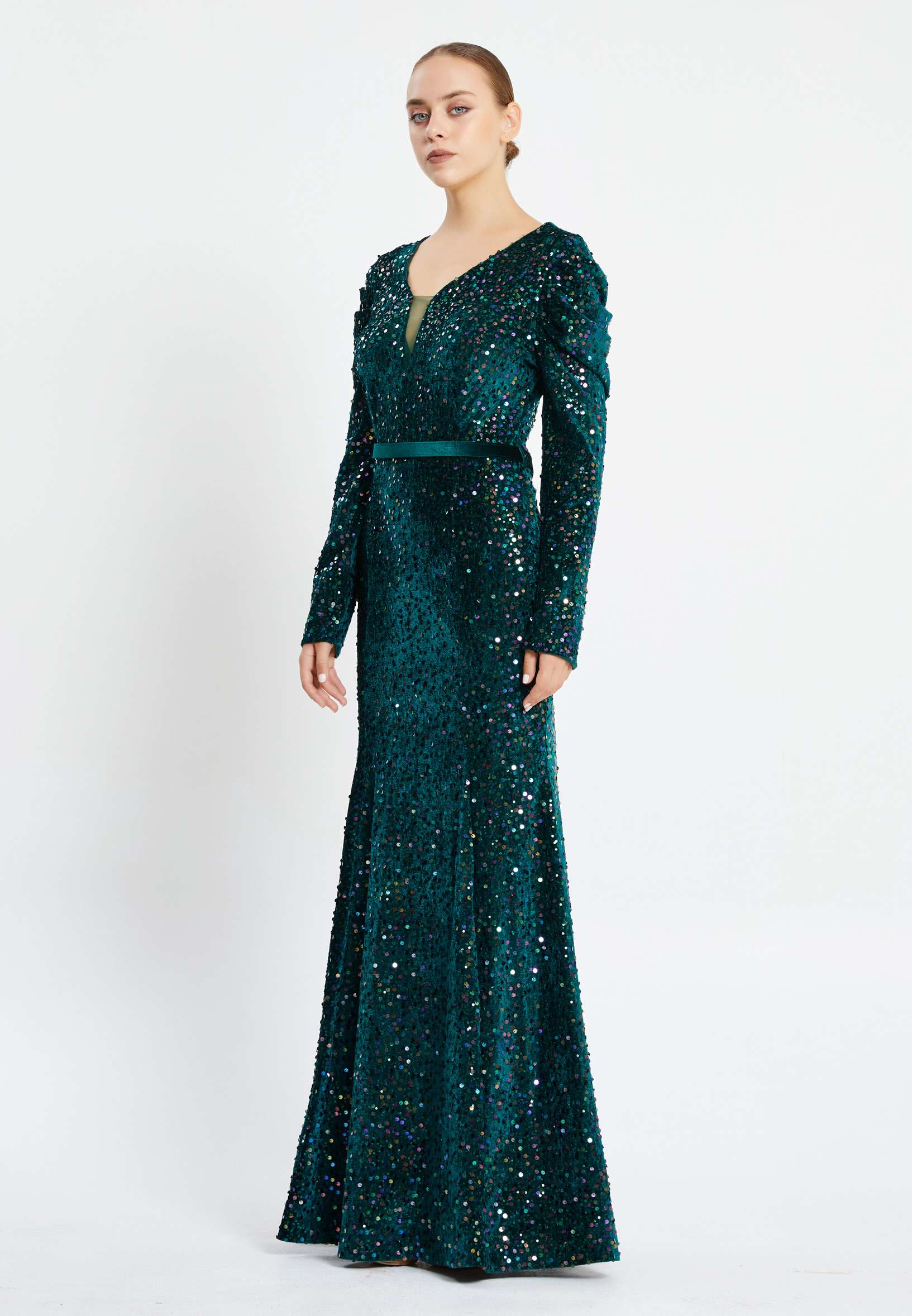Long Sleeve Maxi Sequin Mermaid Regular Prom Dress pnl6949 - Image 15