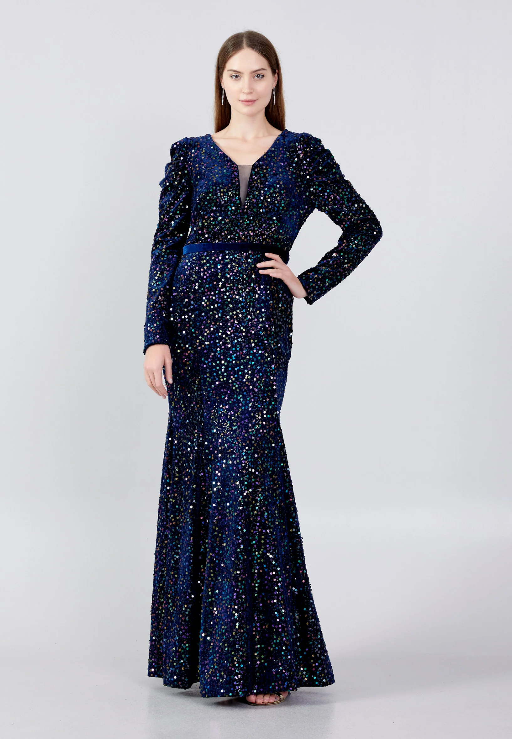 Long Sleeve Maxi Sequin Mermaid Regular Prom Dress pnl6949 - Image 17