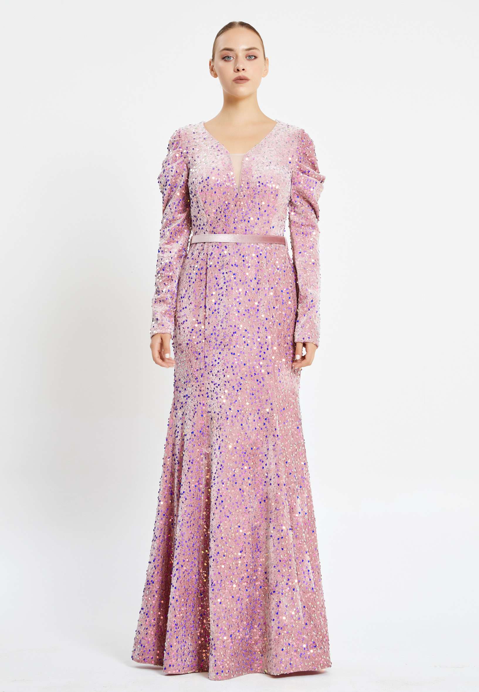 Long Sleeve Maxi Sequin Mermaid Regular Prom Dress pnl6949 - Image 21