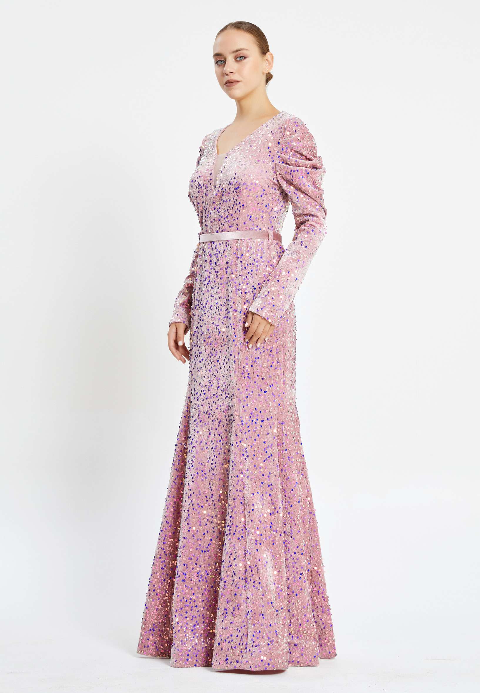 Long Sleeve Maxi Sequin Mermaid Regular Prom Dress pnl6949 - Image 23