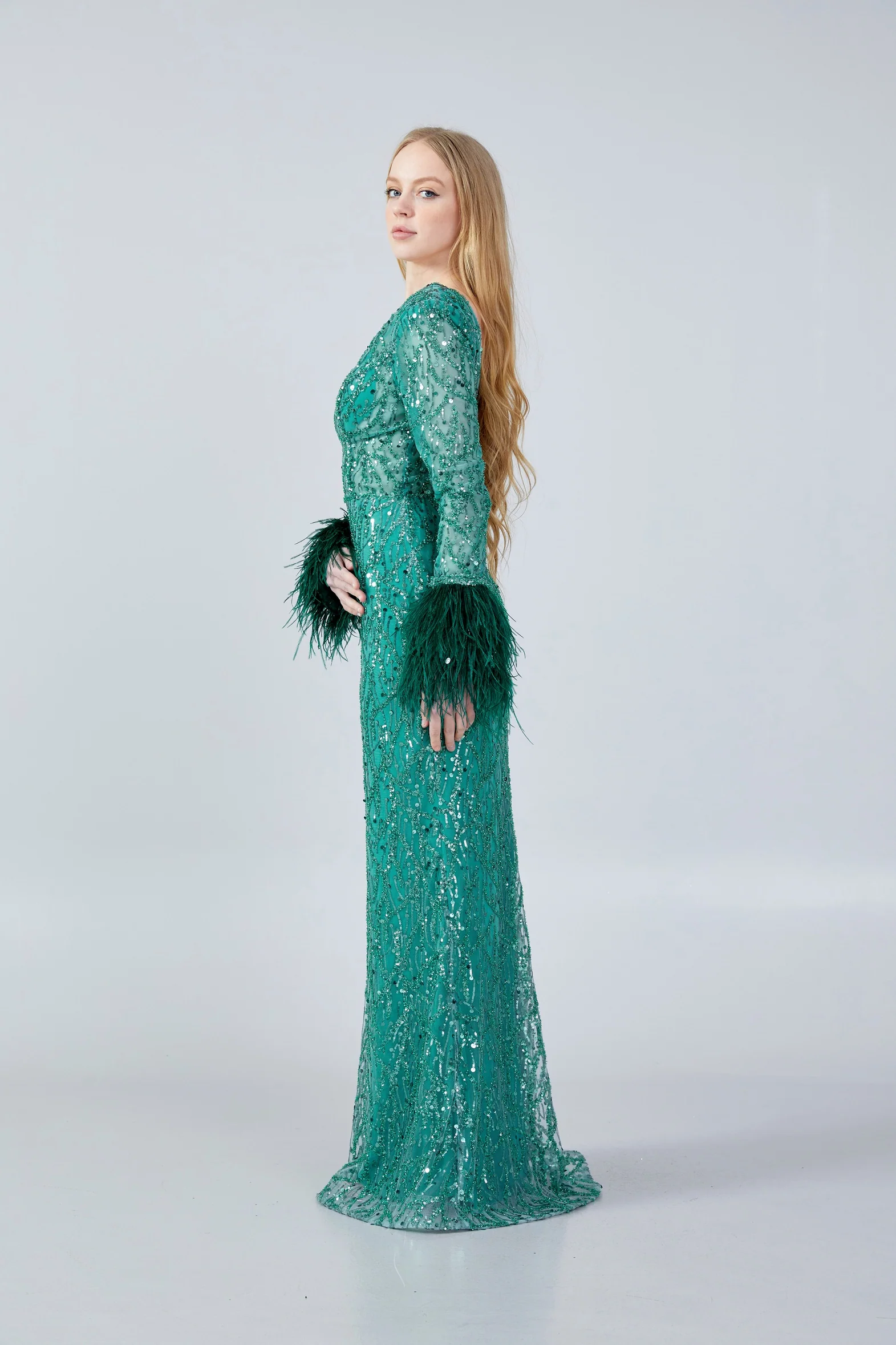 Long Sleeve Maxi Sequin Mermaid Regular Wedding Guest Dress aln1636 - Image 3