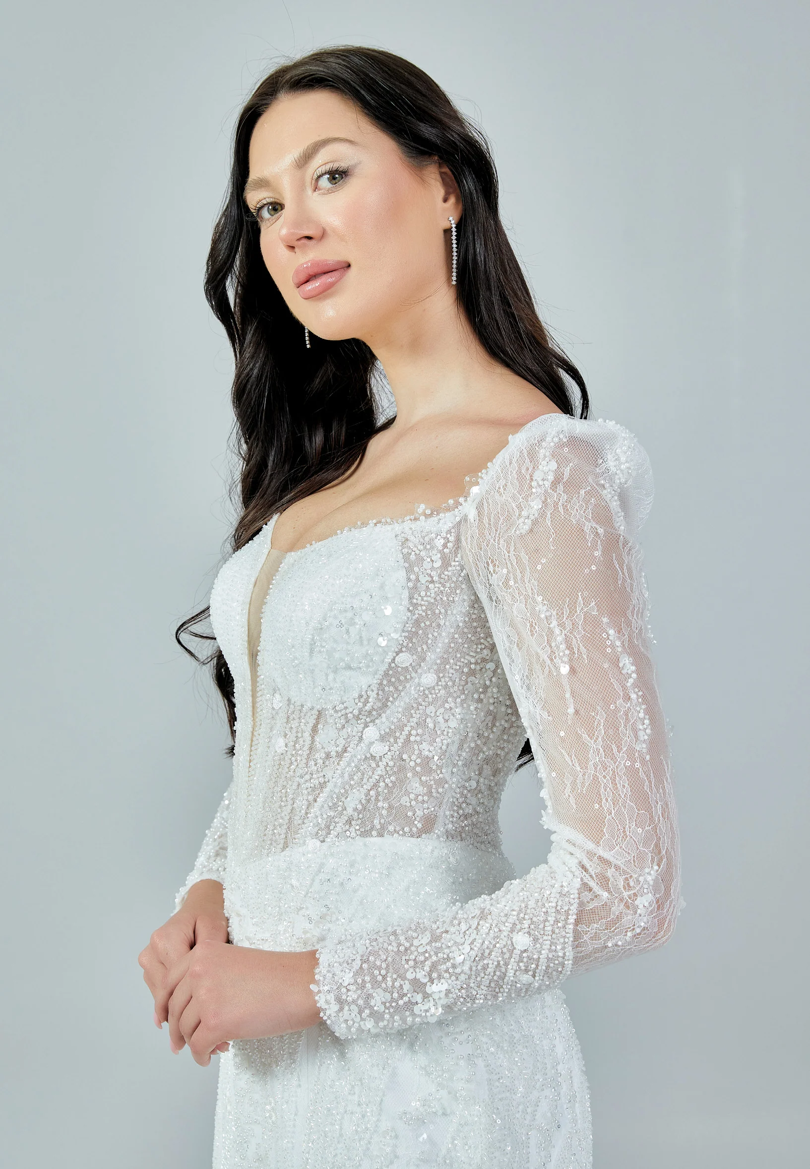 Long Sleeve Maxi Sequin Regular Wedding Dress bnc8050 - Image 2
