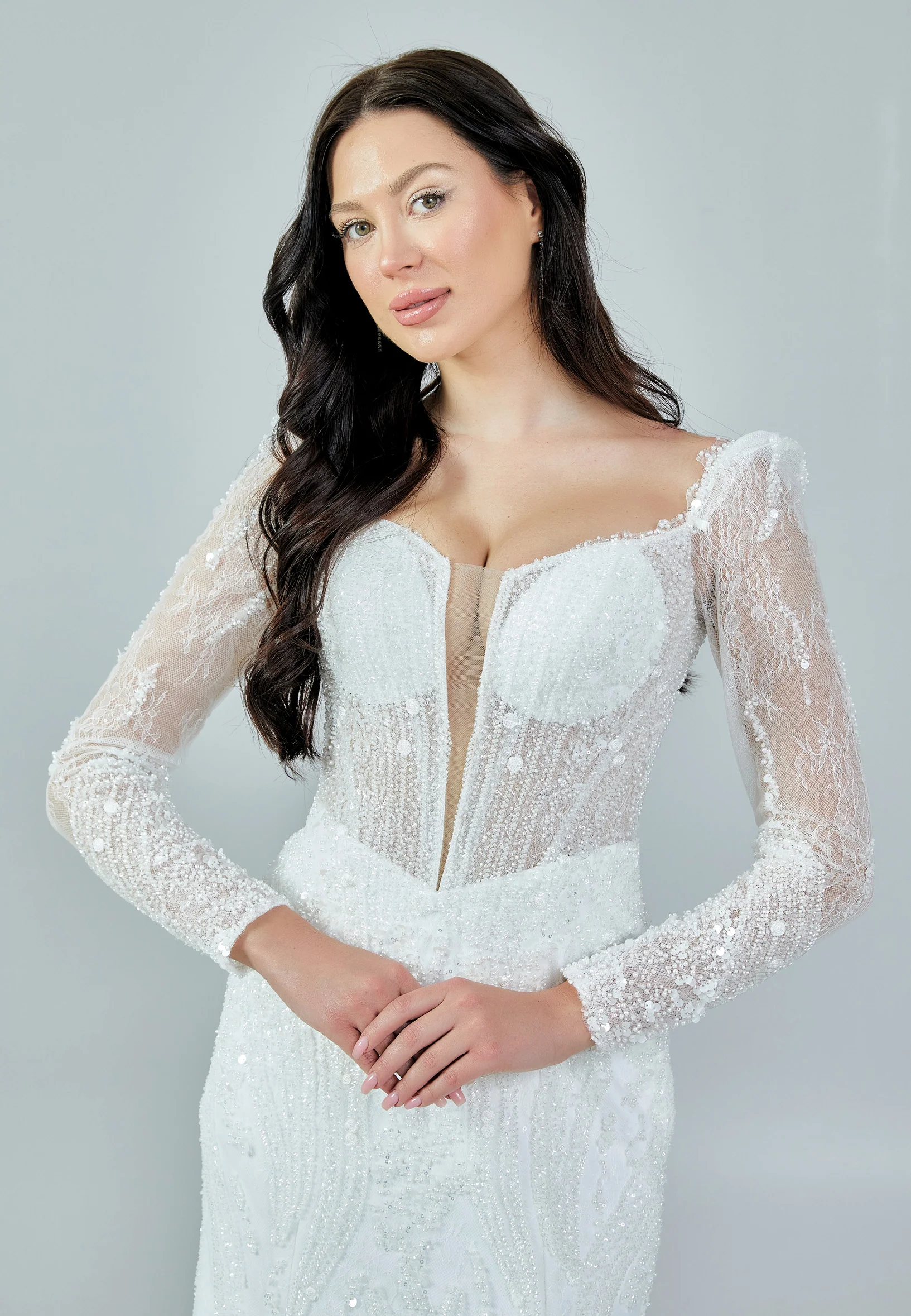 Long Sleeve Maxi Sequin Regular Wedding Dress bnc8050 - Image 8