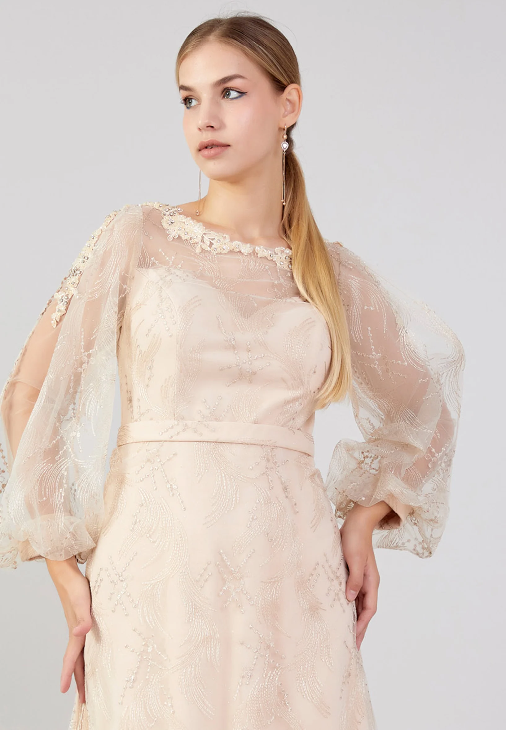 Long Sleeve Maxi Tulle A - Line Plus Size Prom Dress bql2415