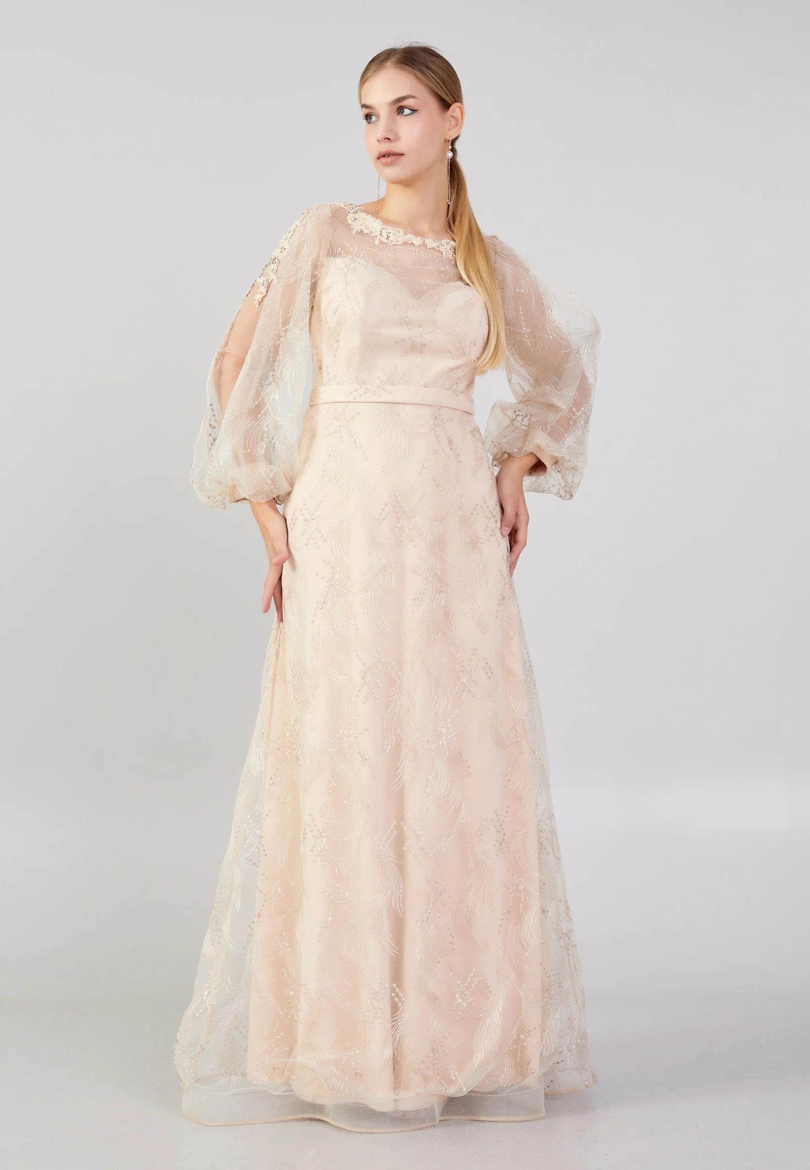 Long Sleeve Maxi Tulle A - Line Plus Size Prom Dress bql2415 - Image 2