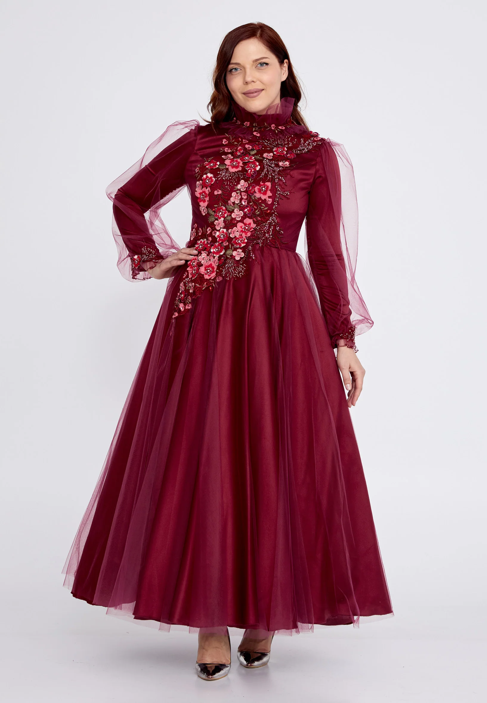 Long Sleeve Maxi Tulle A - Line Plus Size Prom Dress gzk7018-1 - Image 5