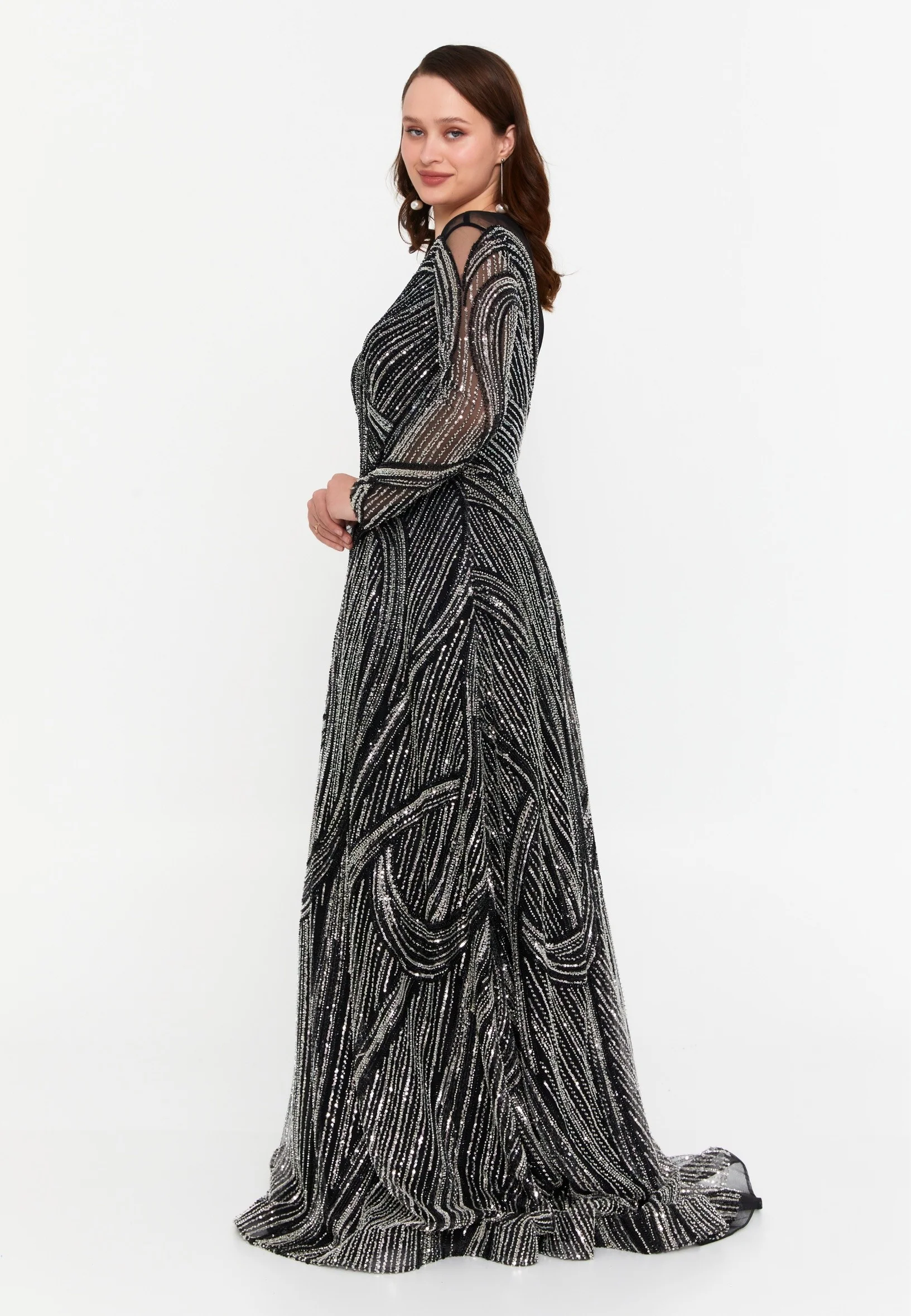 Long Sleeve Maxi Tulle A - Line Plus Size Prom Dress mtcb82 - Image 3