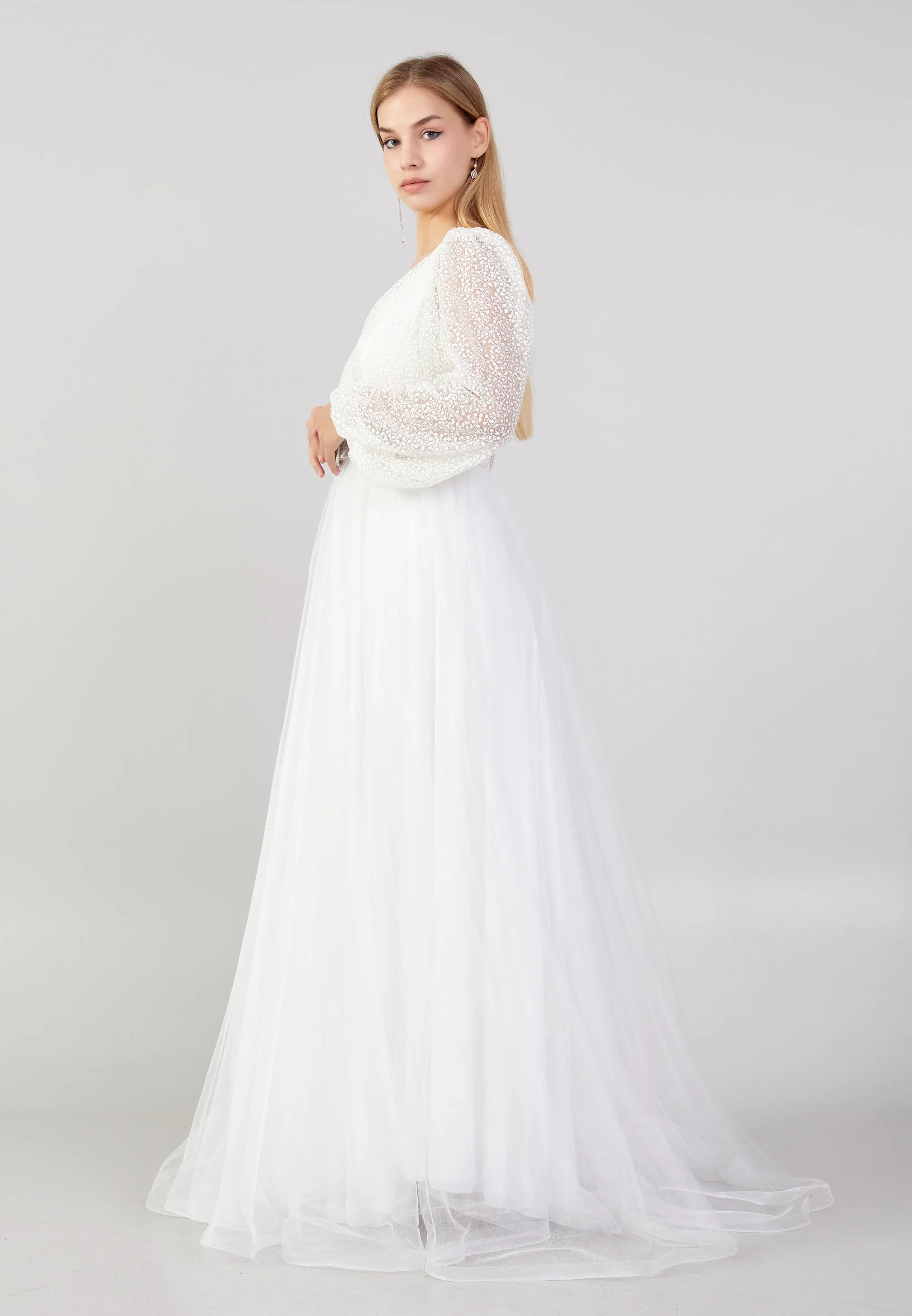 Long Sleeve Maxi Tulle A - Line Plus Size Prom Dress ron7176-b - Image 3
