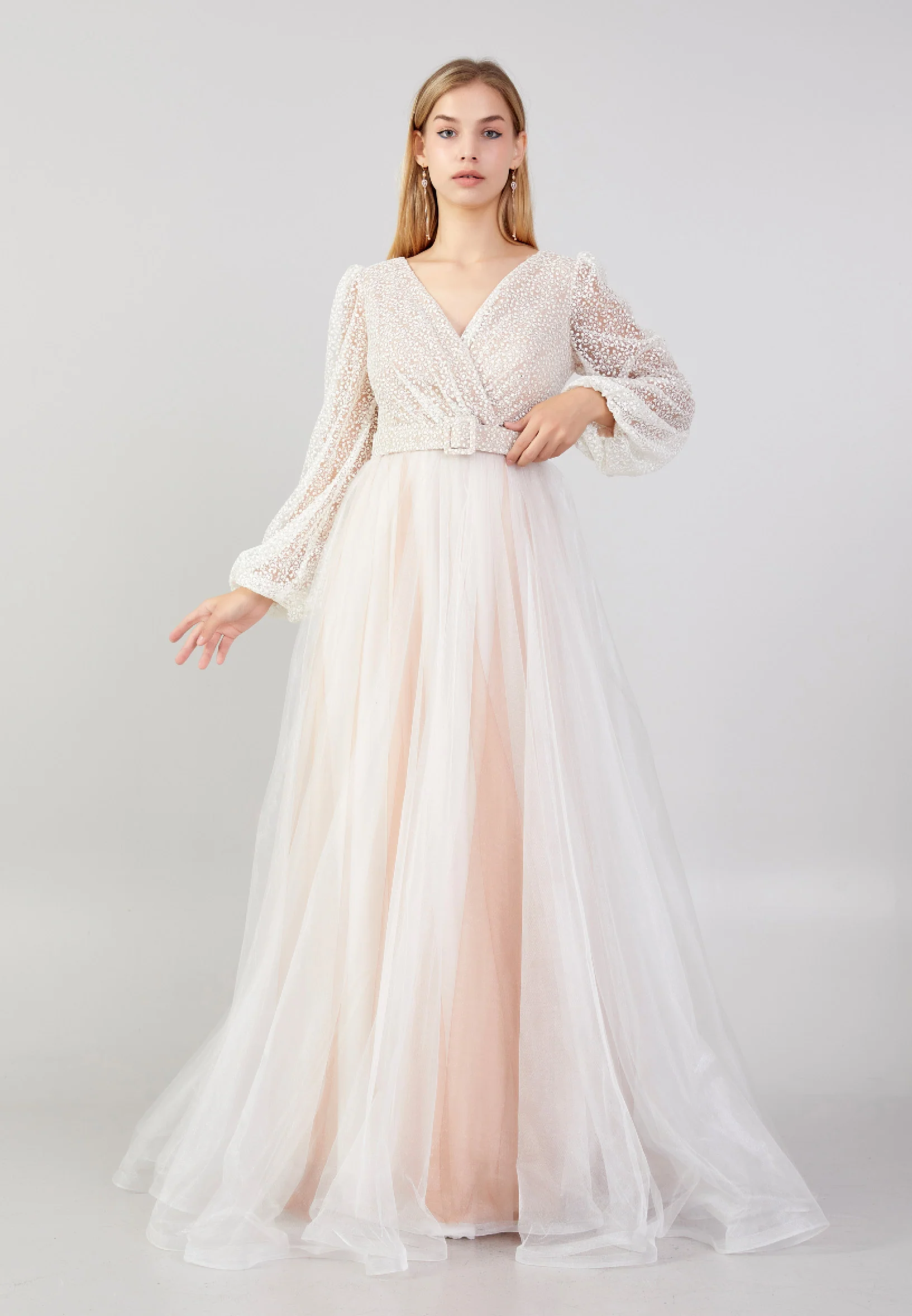 Long Sleeve Maxi Tulle A - Line Plus Size Prom Dress ron7176-b - Image 5