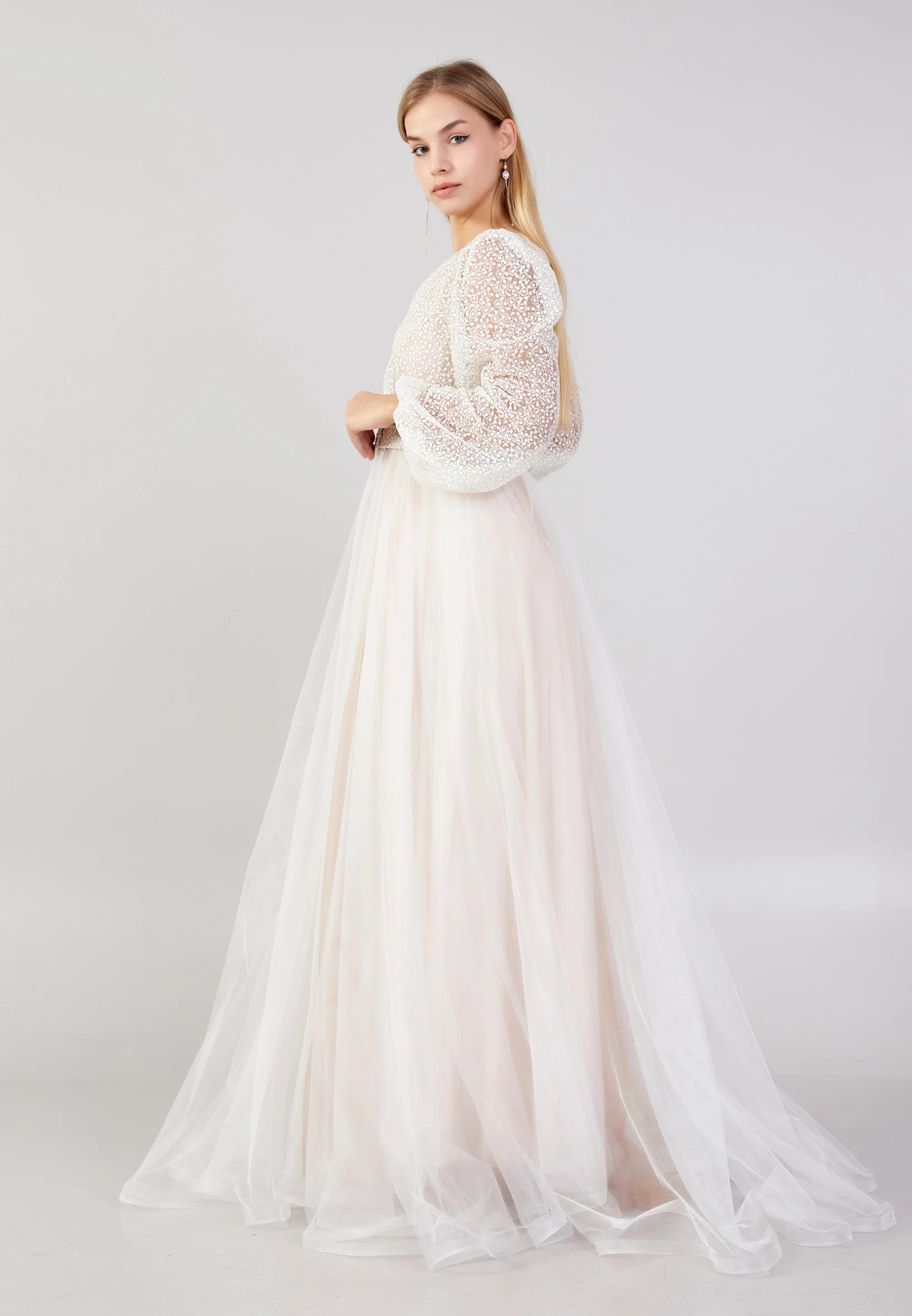 Long Sleeve Maxi Tulle A - Line Plus Size Prom Dress ron7176-b - Image 7