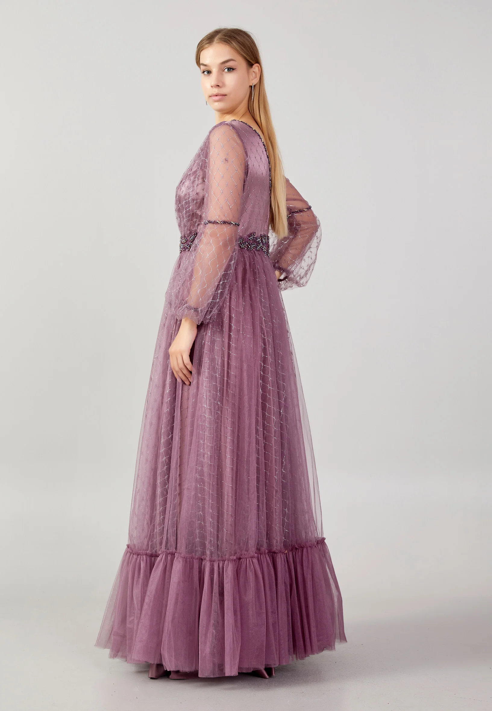 Long Sleeve Maxi Tulle A - Line Plus Size Prom Dress swr2292-b - Image 11