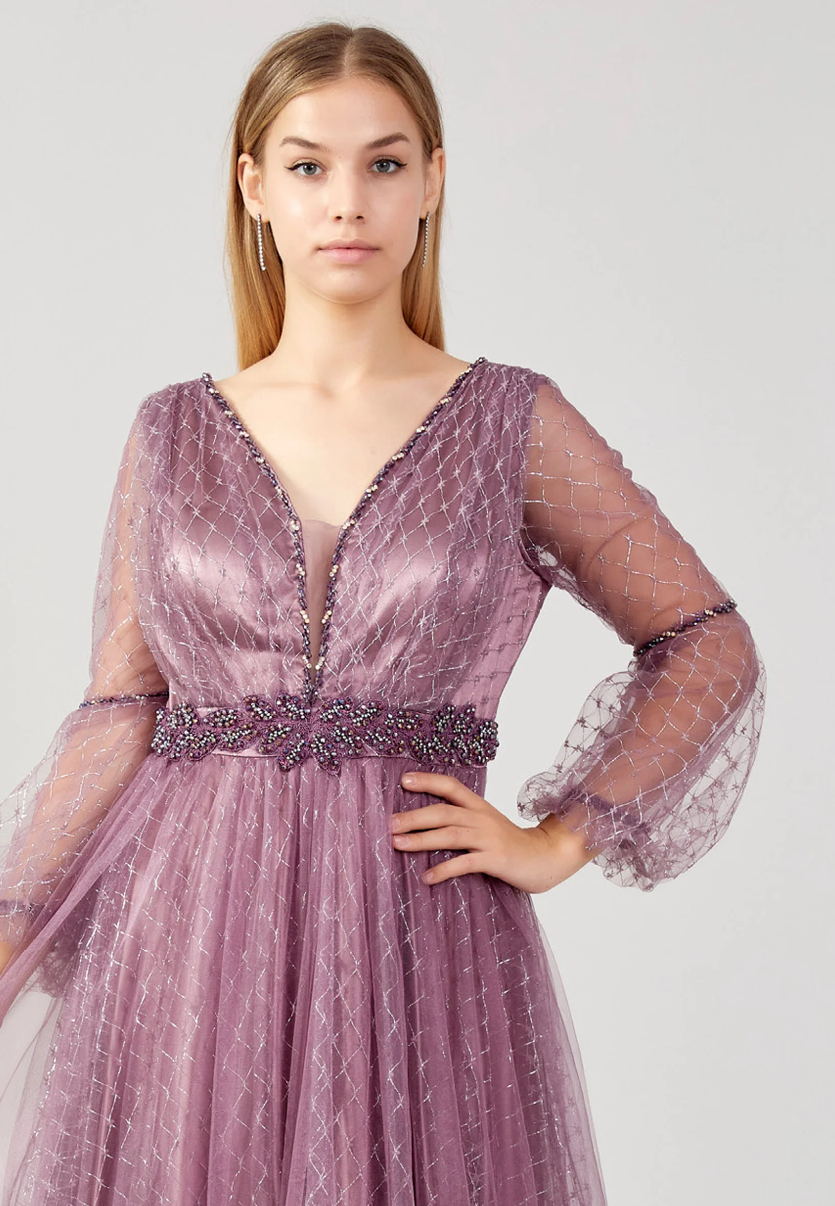 Long Sleeve Maxi Tulle A - Line Plus Size Prom Dress swr2292-b - Image 12