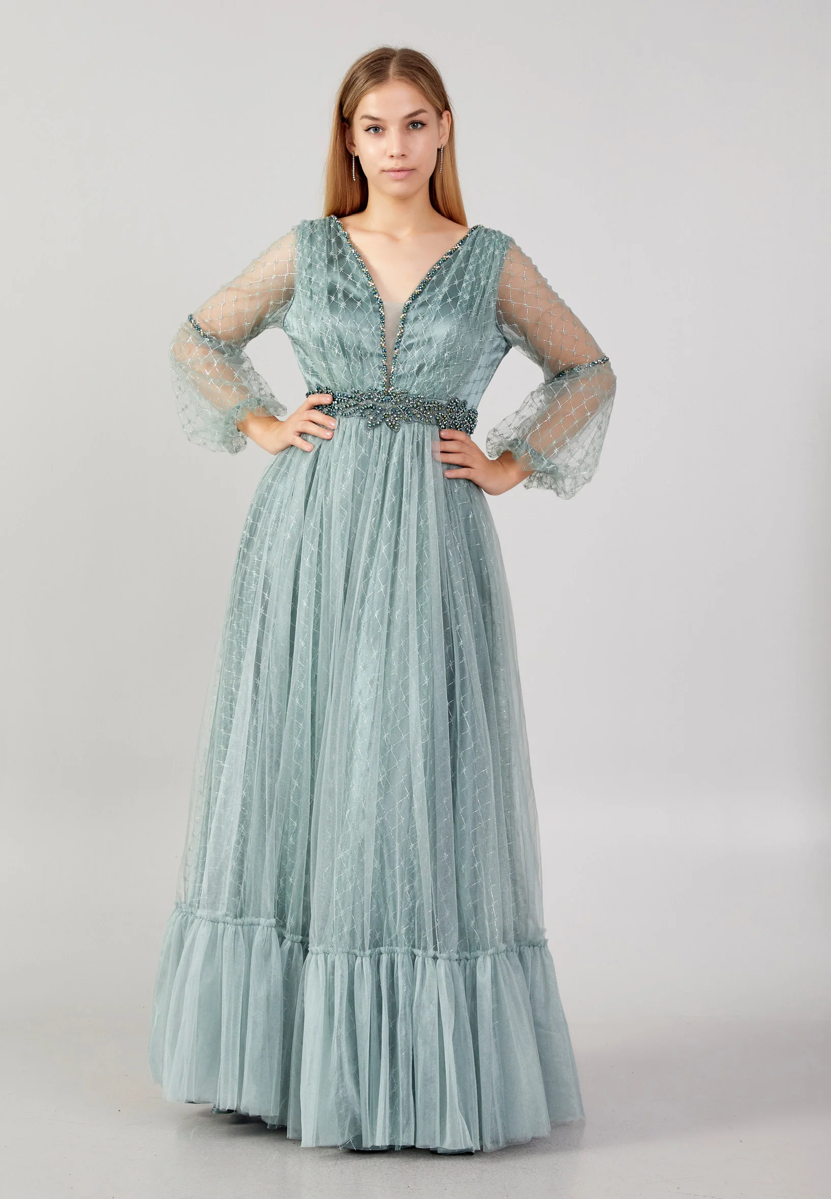 Long Sleeve Maxi Tulle A - Line Plus Size Prom Dress swr2292-b - Image 13
