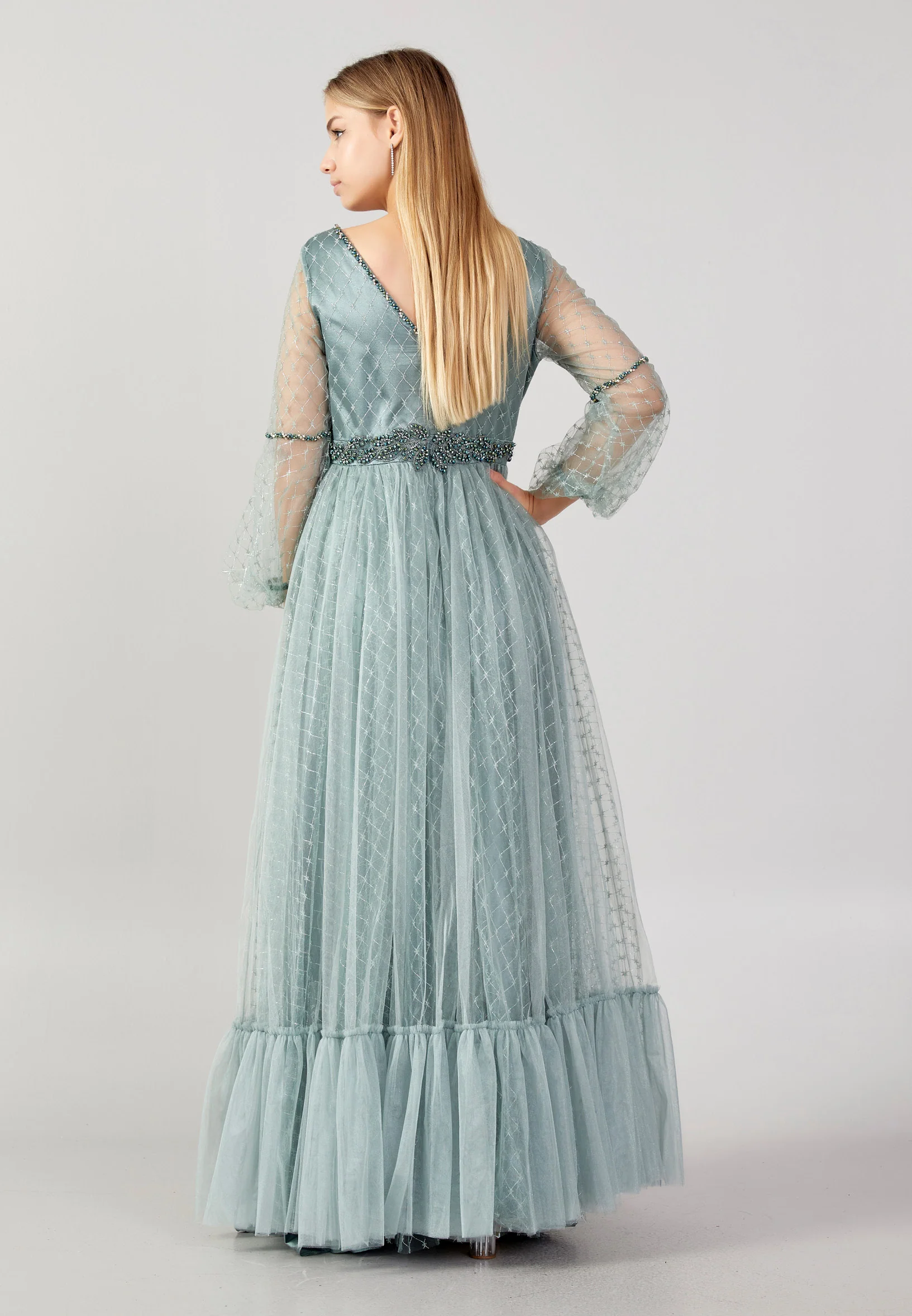 Long Sleeve Maxi Tulle A - Line Plus Size Prom Dress swr2292-b - Image 14
