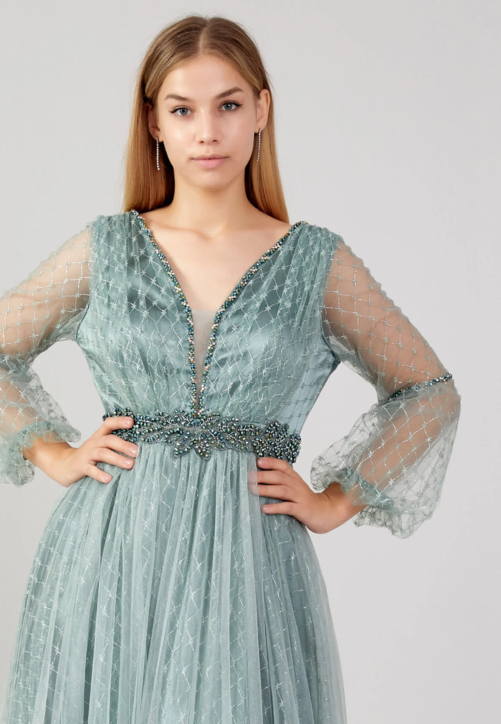 Long Sleeve Maxi Tulle A - Line Plus Size Prom Dress swr2292-b - Image 16