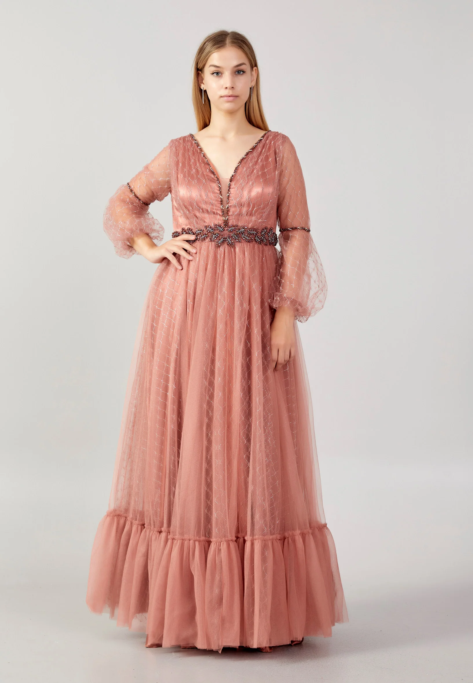 Long Sleeve Maxi Tulle A - Line Plus Size Prom Dress swr2292-b - Image 17