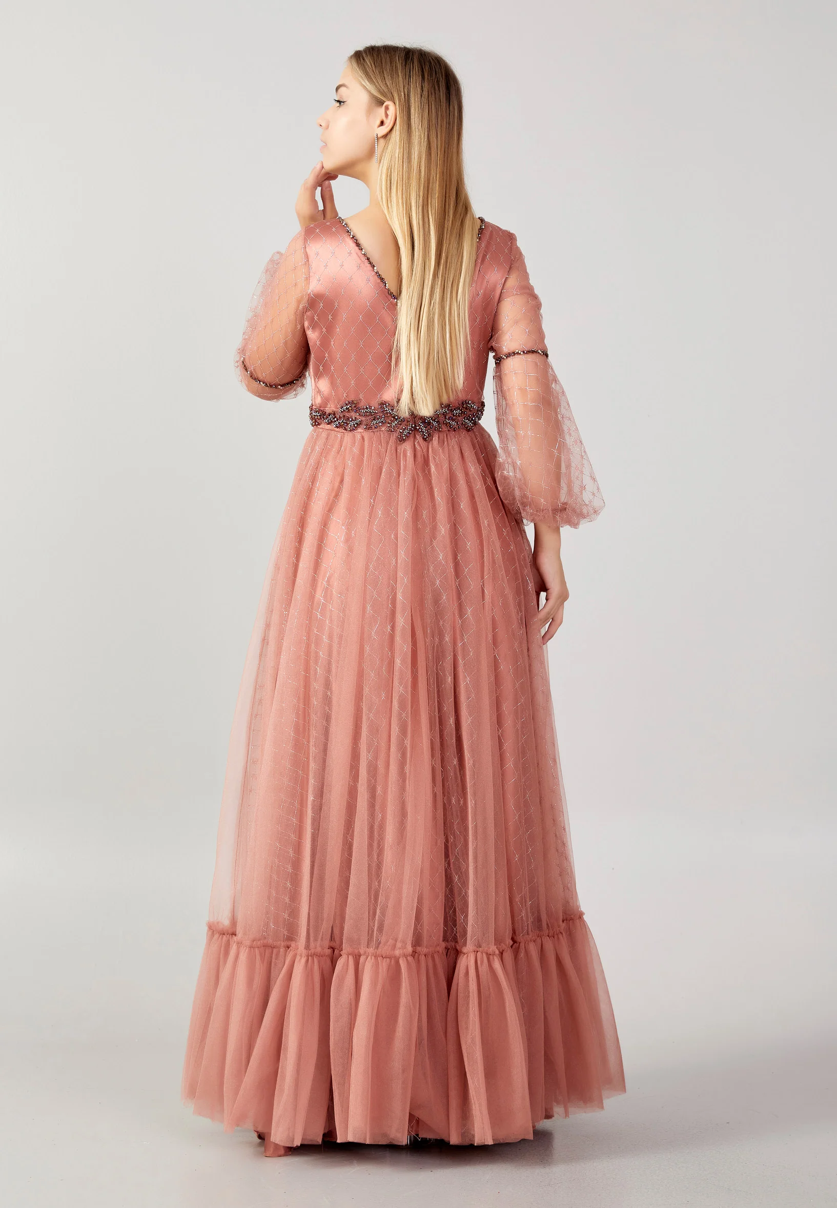 Long Sleeve Maxi Tulle A - Line Plus Size Prom Dress swr2292-b - Image 18