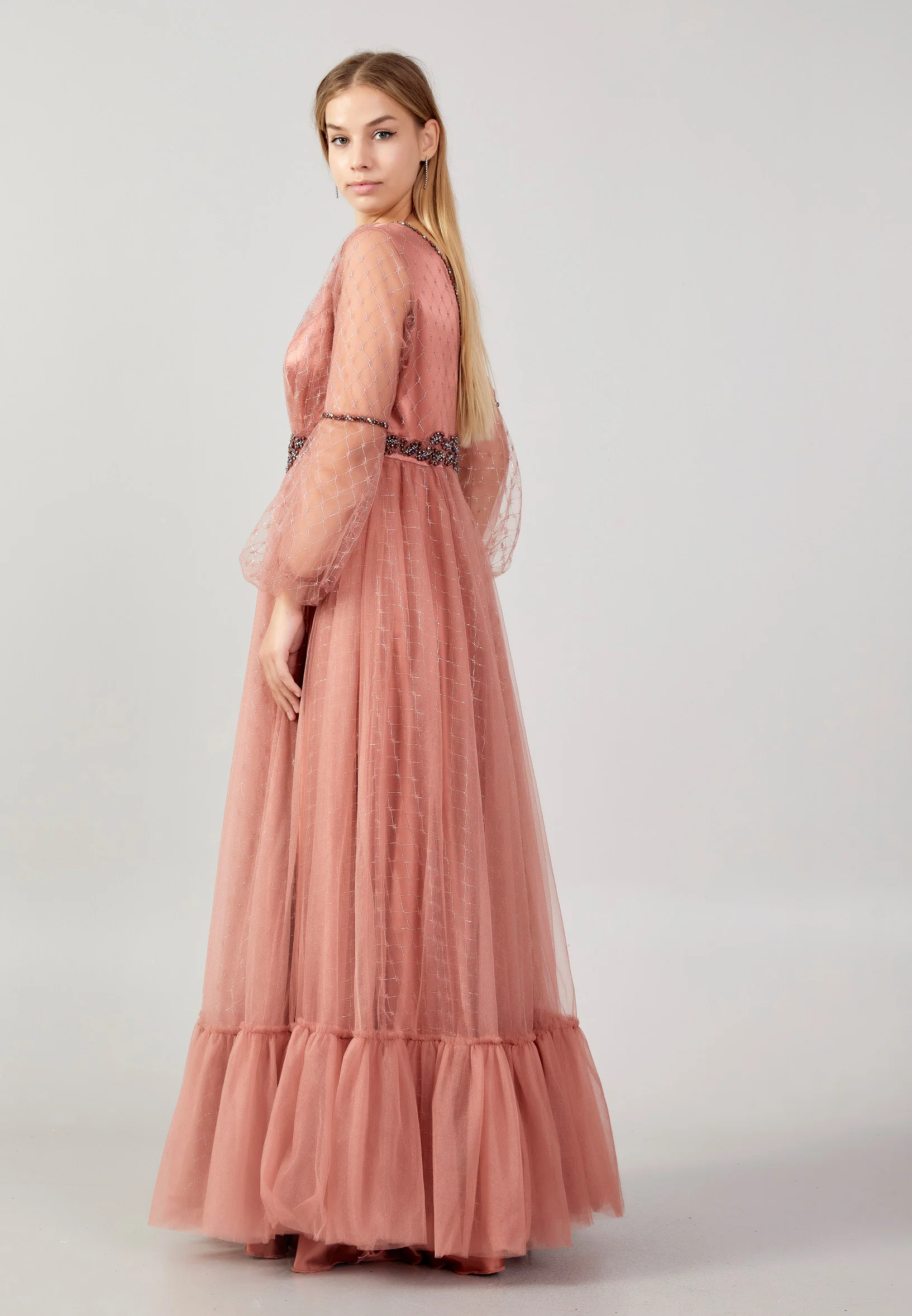 Long Sleeve Maxi Tulle A - Line Plus Size Prom Dress swr2292-b - Image 19