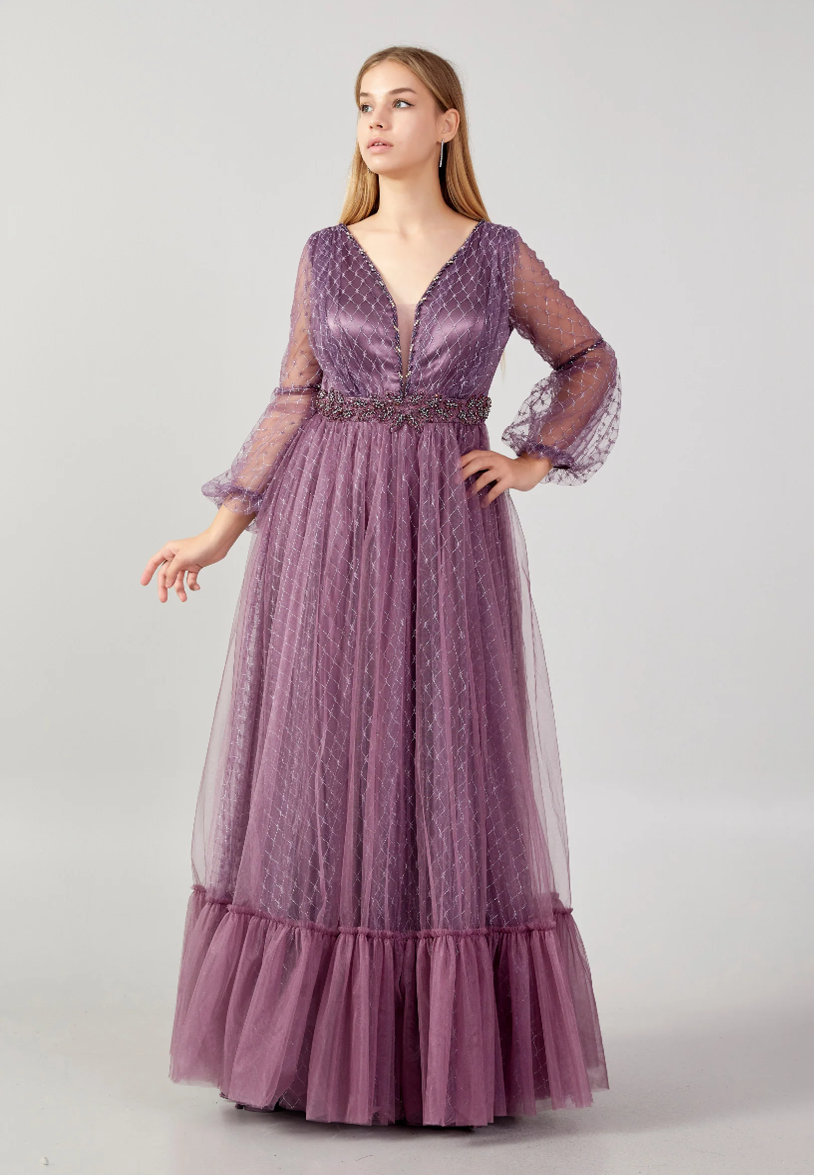 Long Sleeve Maxi Tulle A - Line Plus Size Prom Dress swr2292-b - Image 21