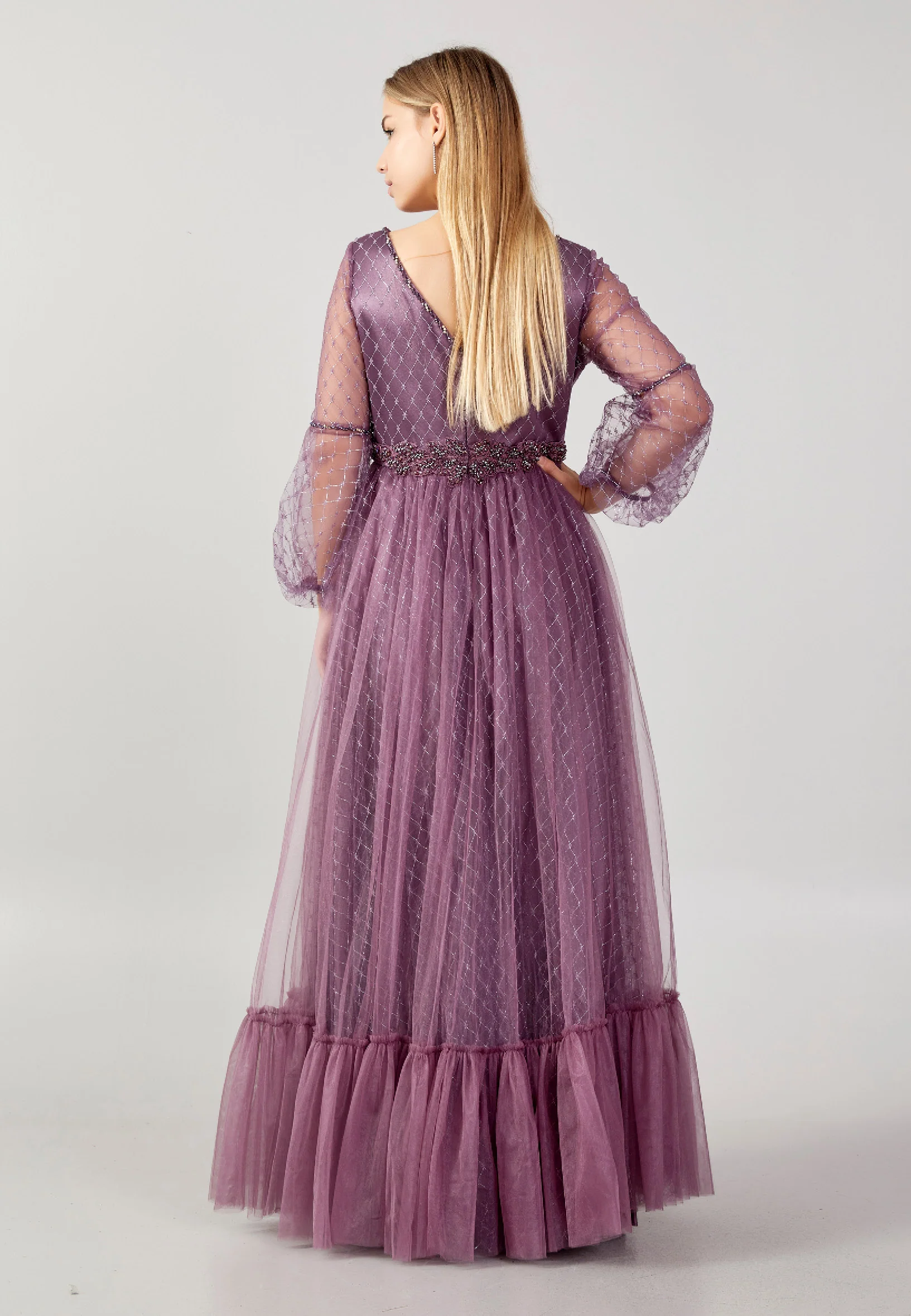 Long Sleeve Maxi Tulle A - Line Plus Size Prom Dress swr2292-b - Image 22